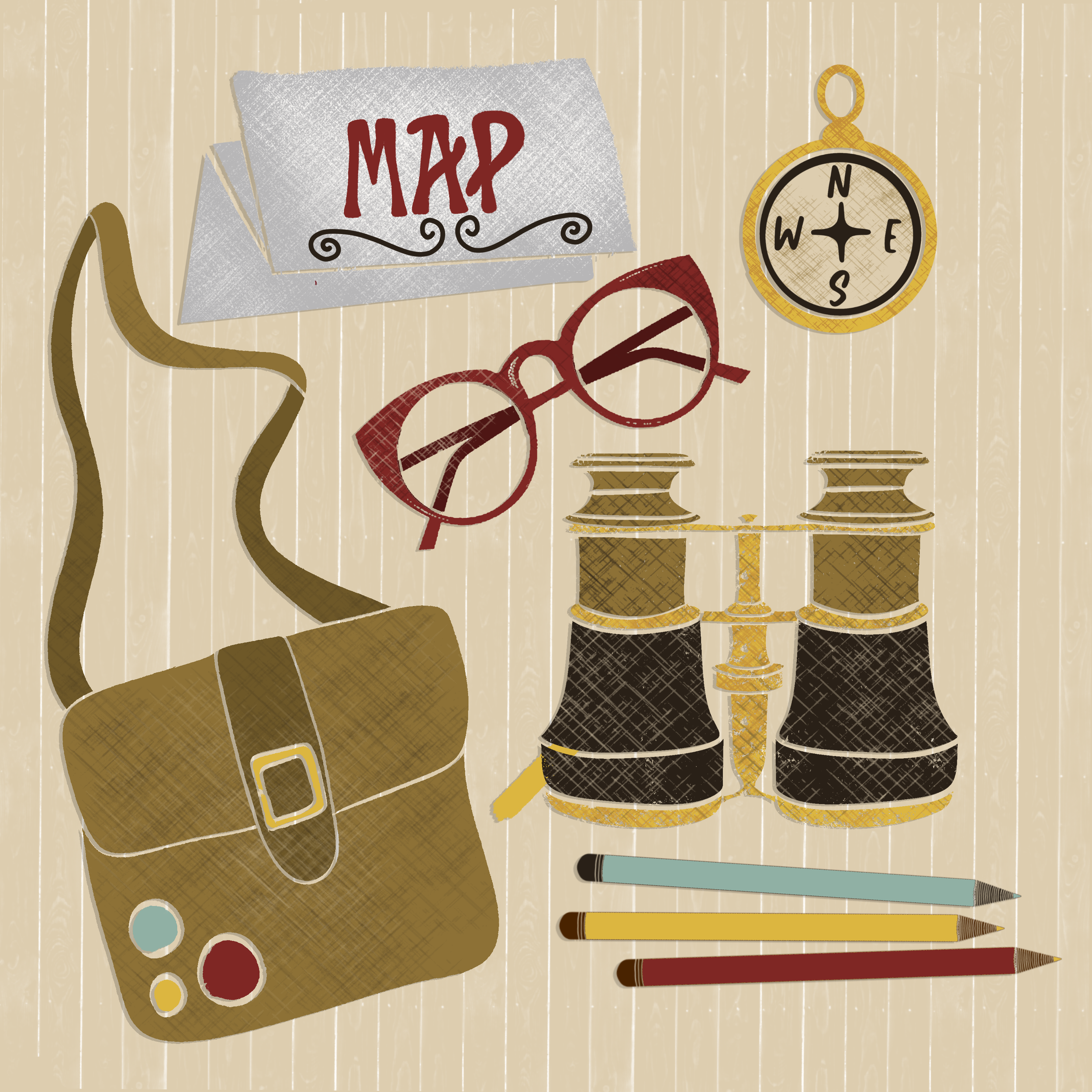 A beige wooden surface with art supplies including a pair of red glasses, three paint color blobs (blue, red, yellow), a marker, and several markers in red, brown, and teal. There is a small sign with 