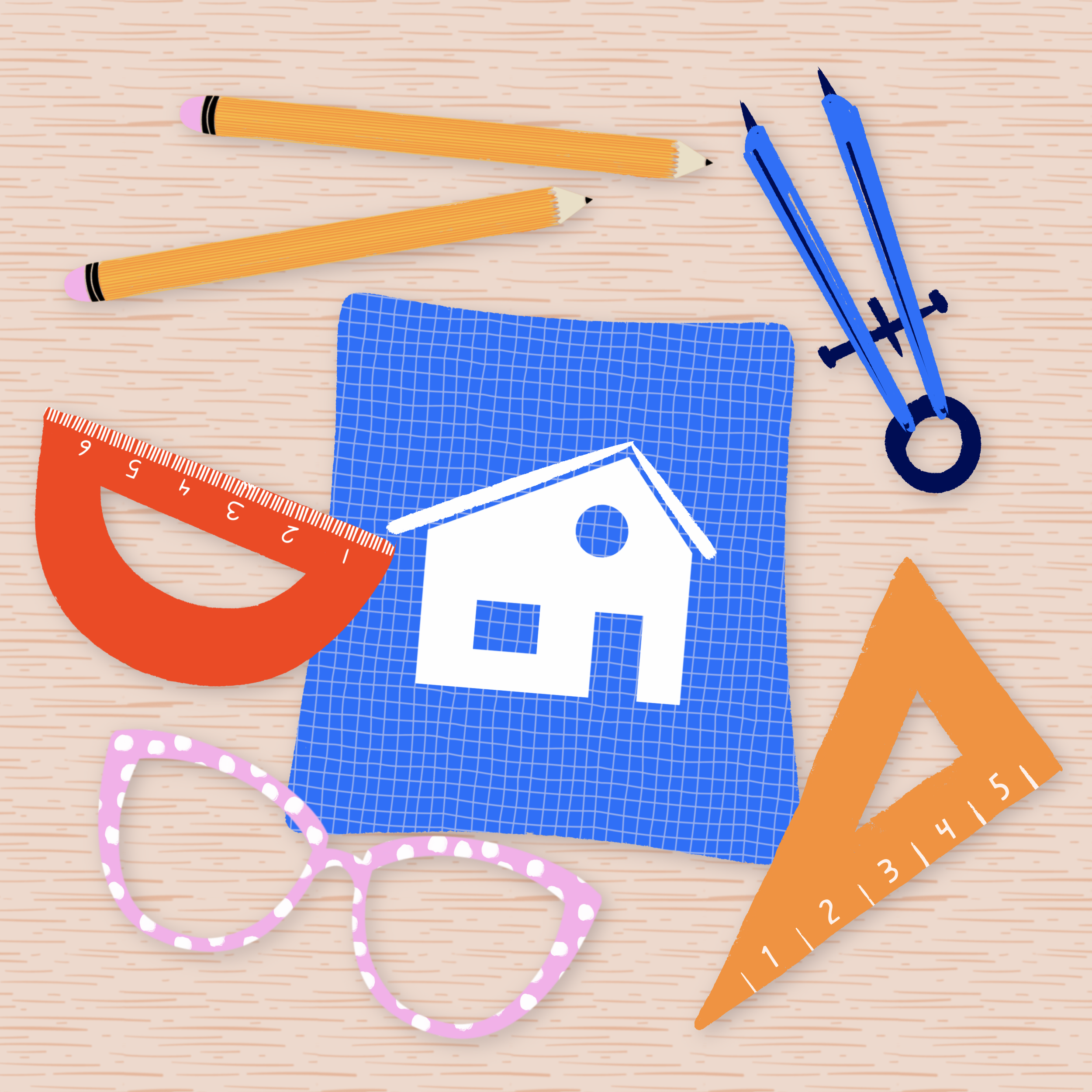 Colorful school supplies on a wooden surface, including orange pencils, blue pens, a red protractor, a blue and white patterned notebook, pink polka dot glasses, an orange ruler, and an orange triangular ruler.