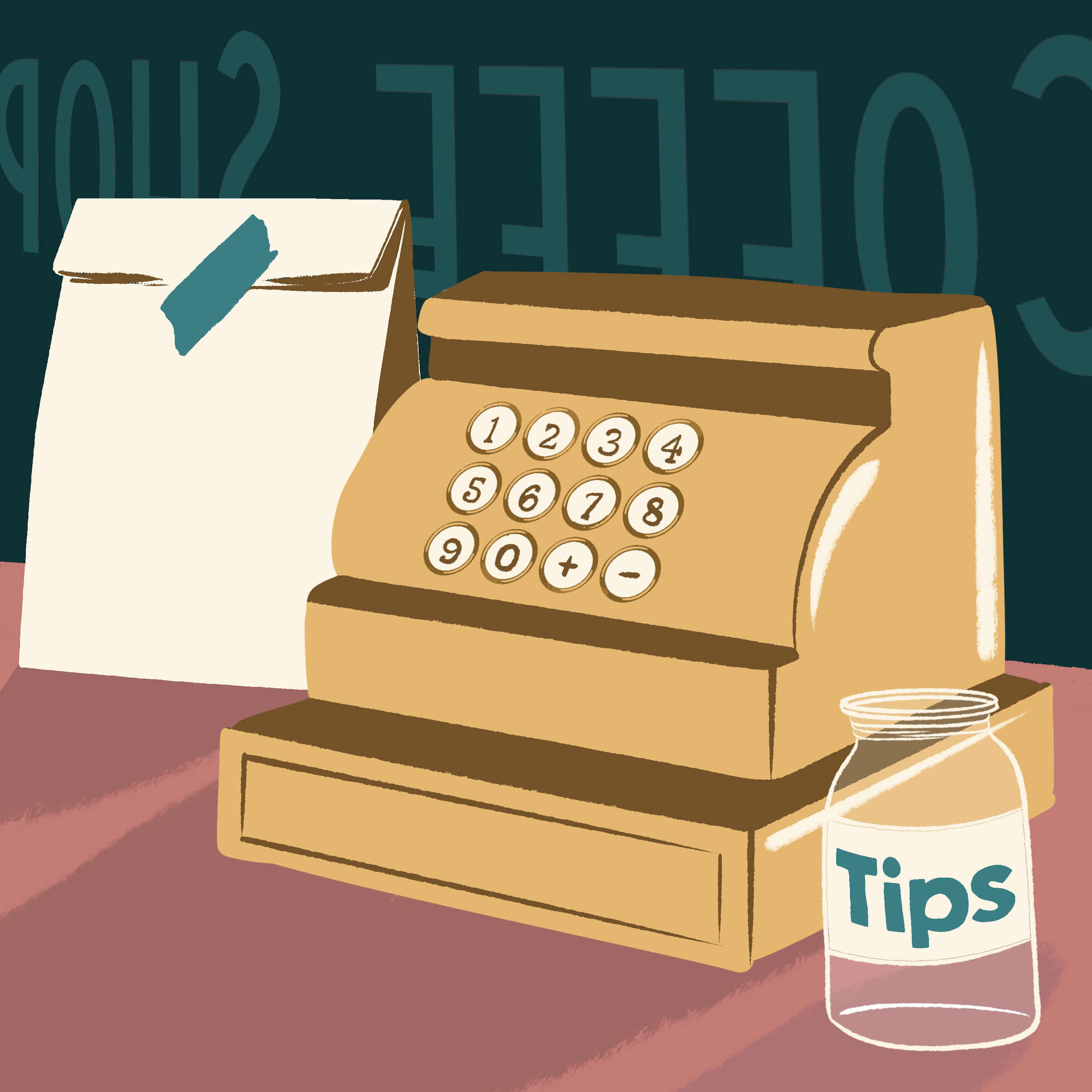  Illustration of a cash register, a container with coins, and a bottle of vitamins, set on a wooden surface with a pinkish background.