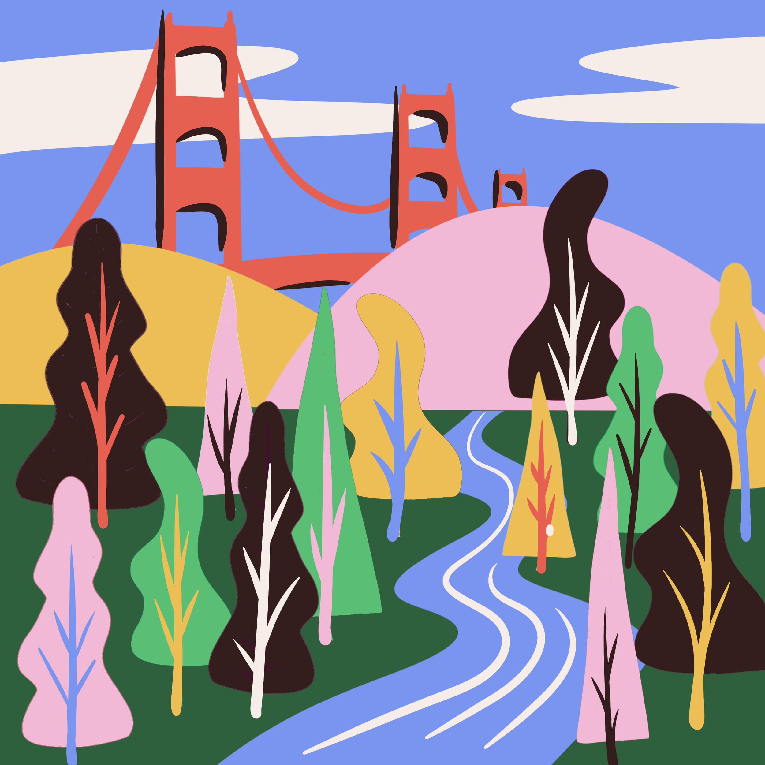 Abstract illustration of the Golden Gate Bridge with colorful trees and a river in the foreground, using bold, simplified shapes and bright colors.