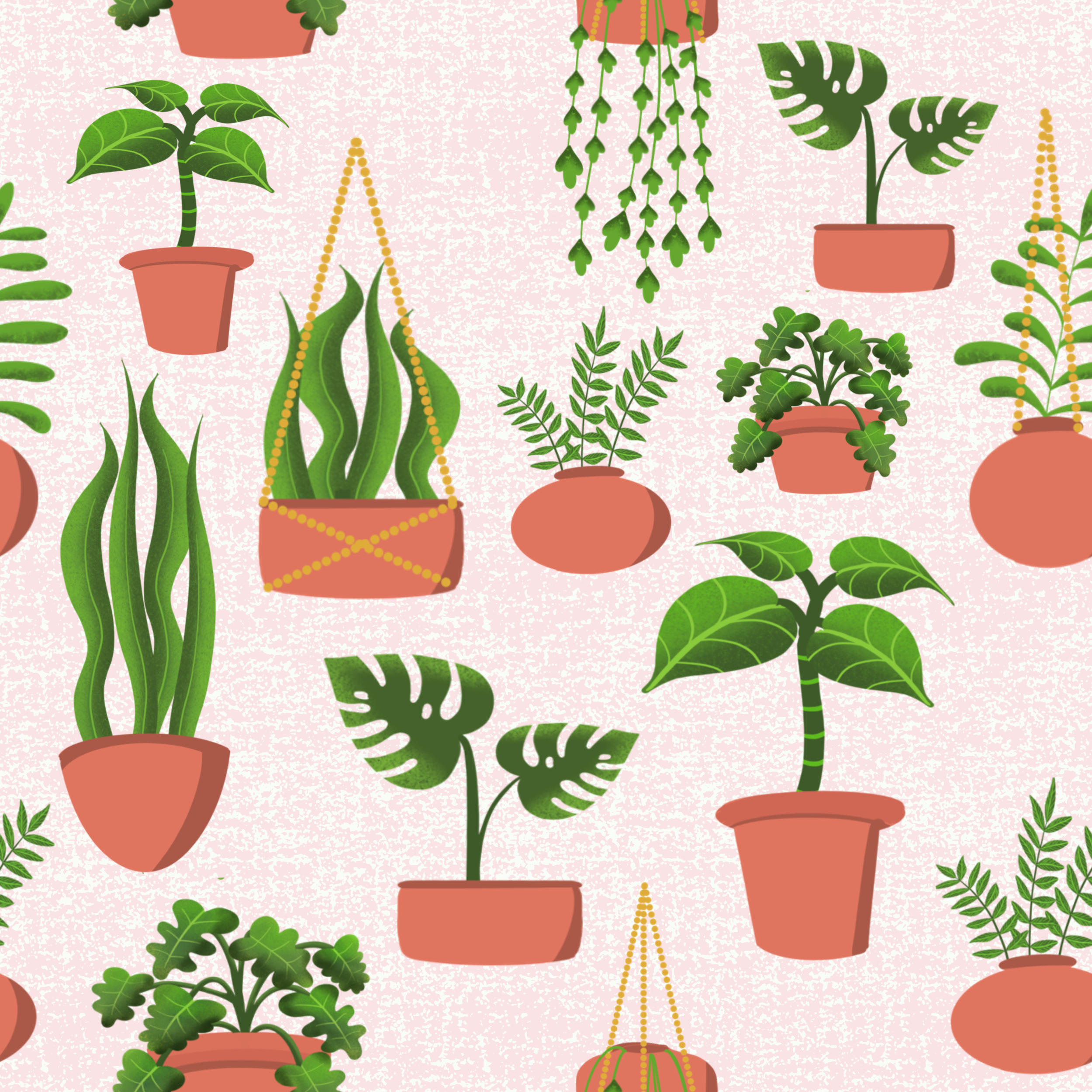Pattern of potted green houseplants on a pink speckled background.