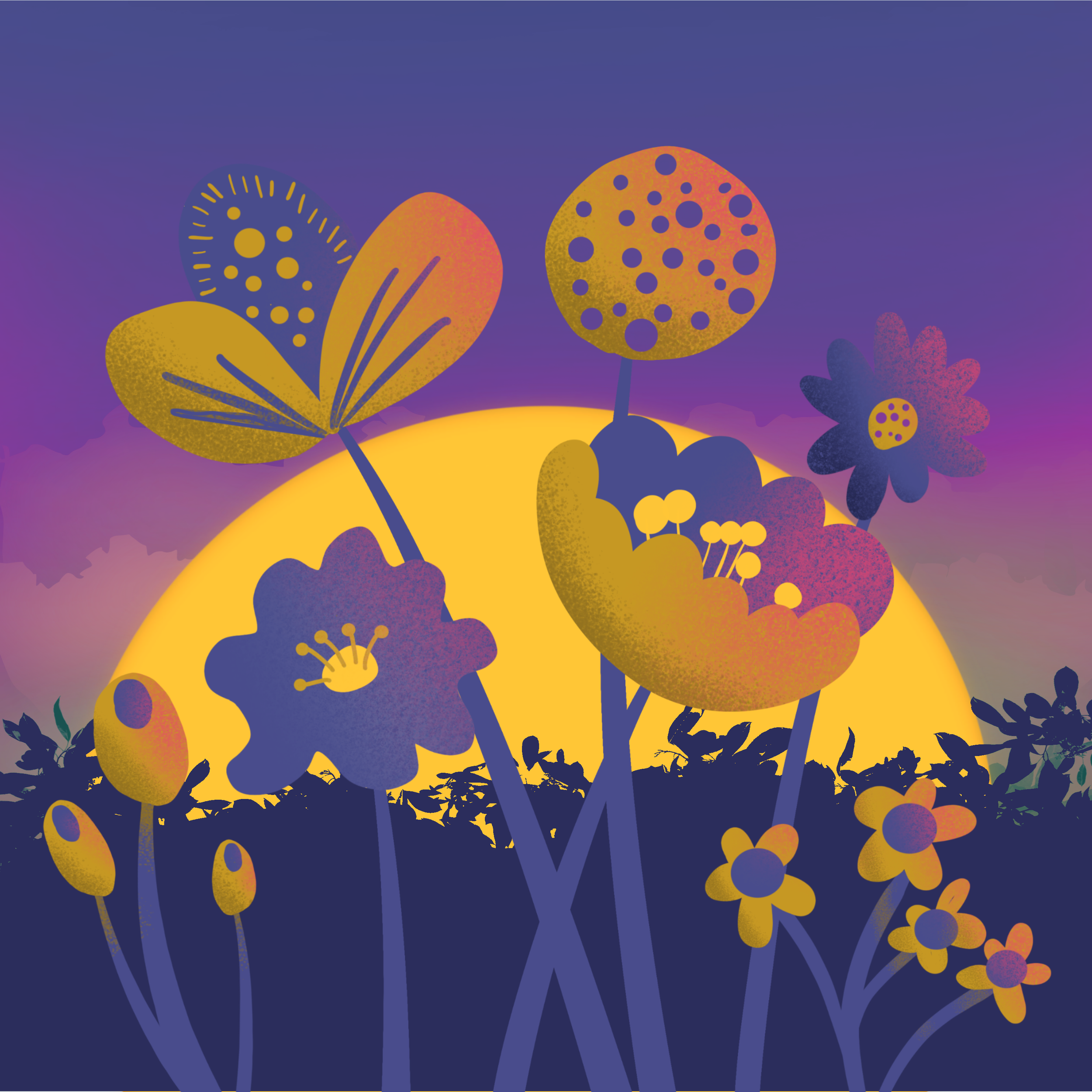 Abstract digital illustration of various stylized flowers and plants with yellow, purple, and orange colors against a dark purple background.