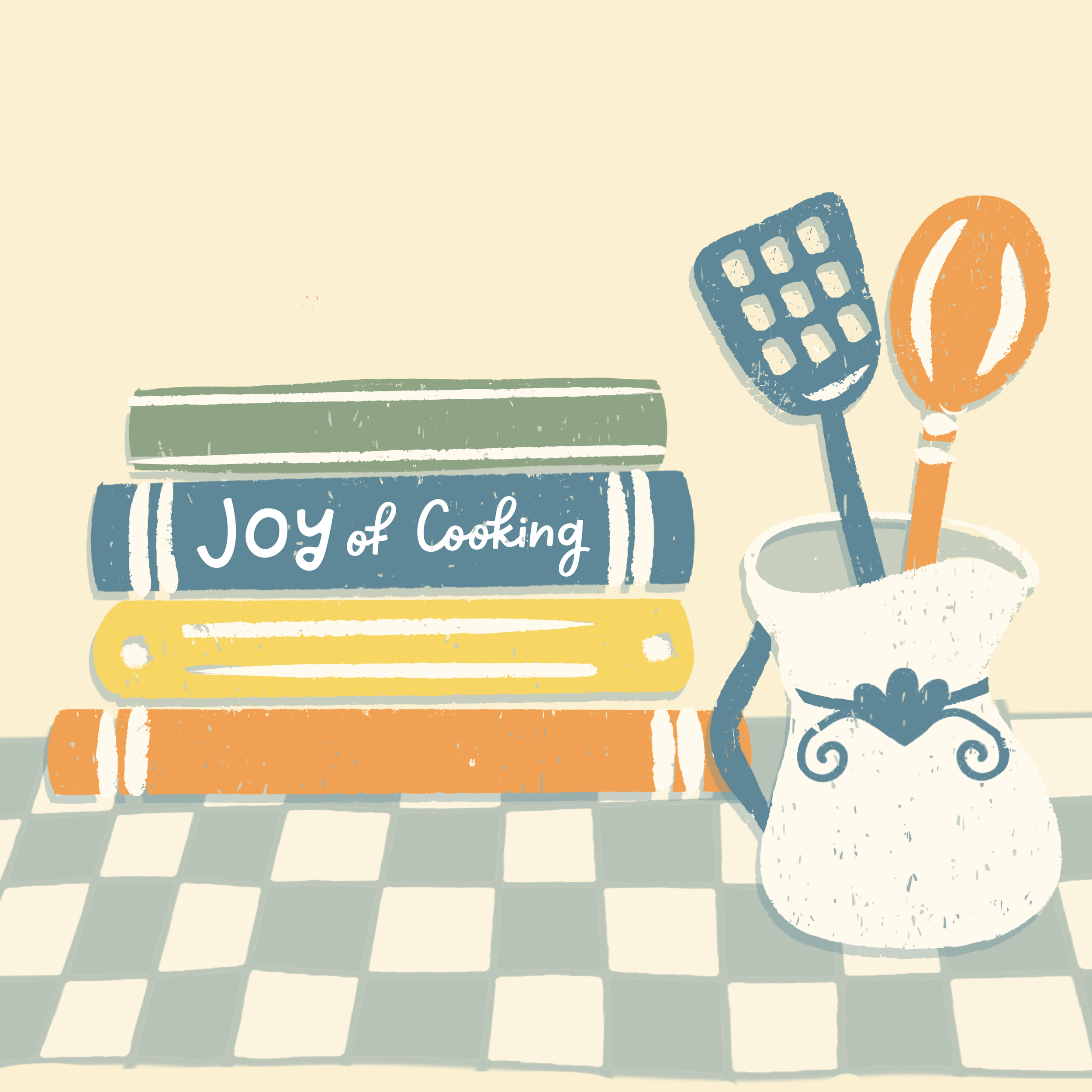 Illustration of a kitchen with a chalkboard sign reading 'Joy of Cooking', a rolling pin, a slotted spatula, a slice of pumpkin, and a flower in a pot.