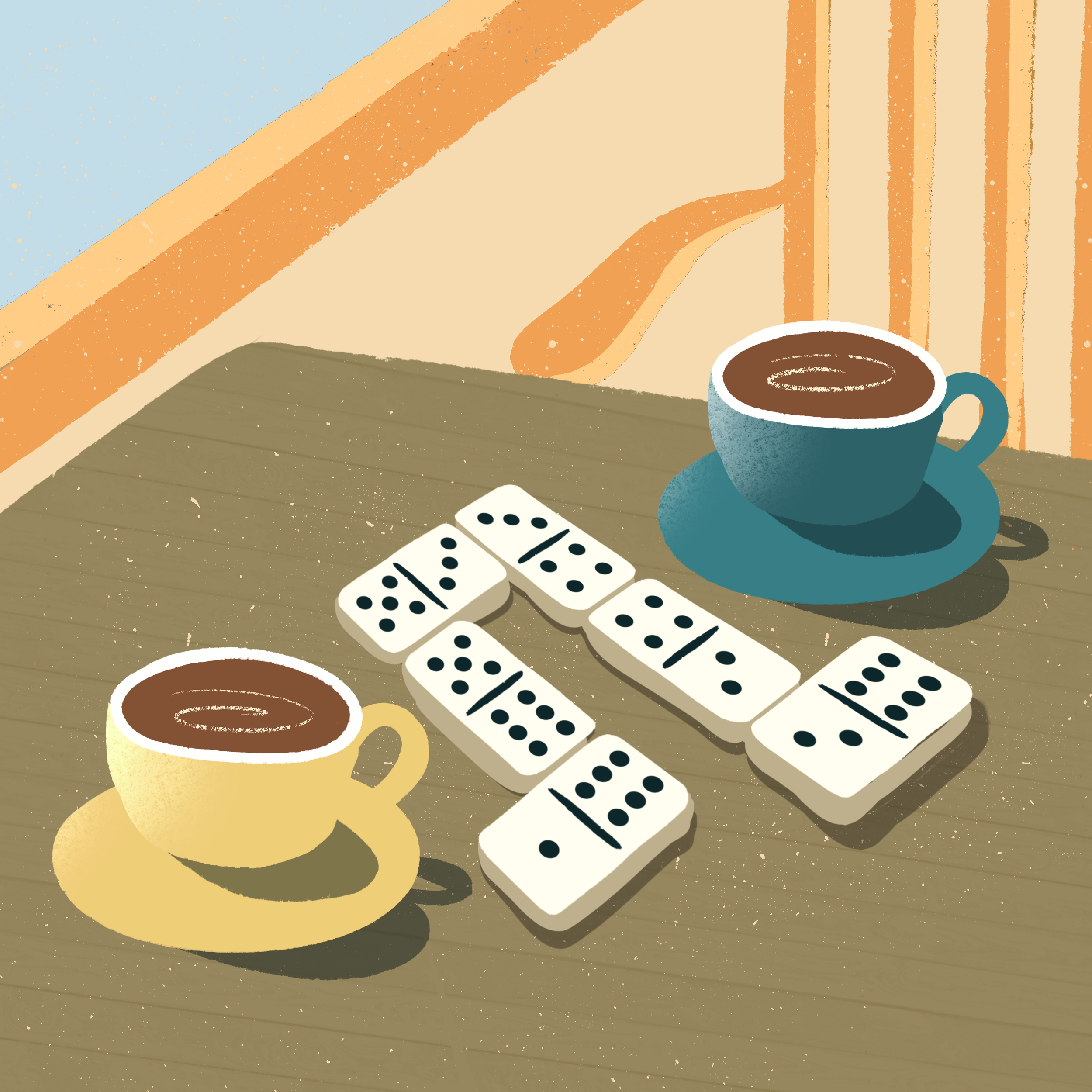 Animated illustration of a wooden table with dominoes, a yellow cup filled with coffee, a blue coffee mug, and a smartphone, against a background of striped wall and wooden panels.