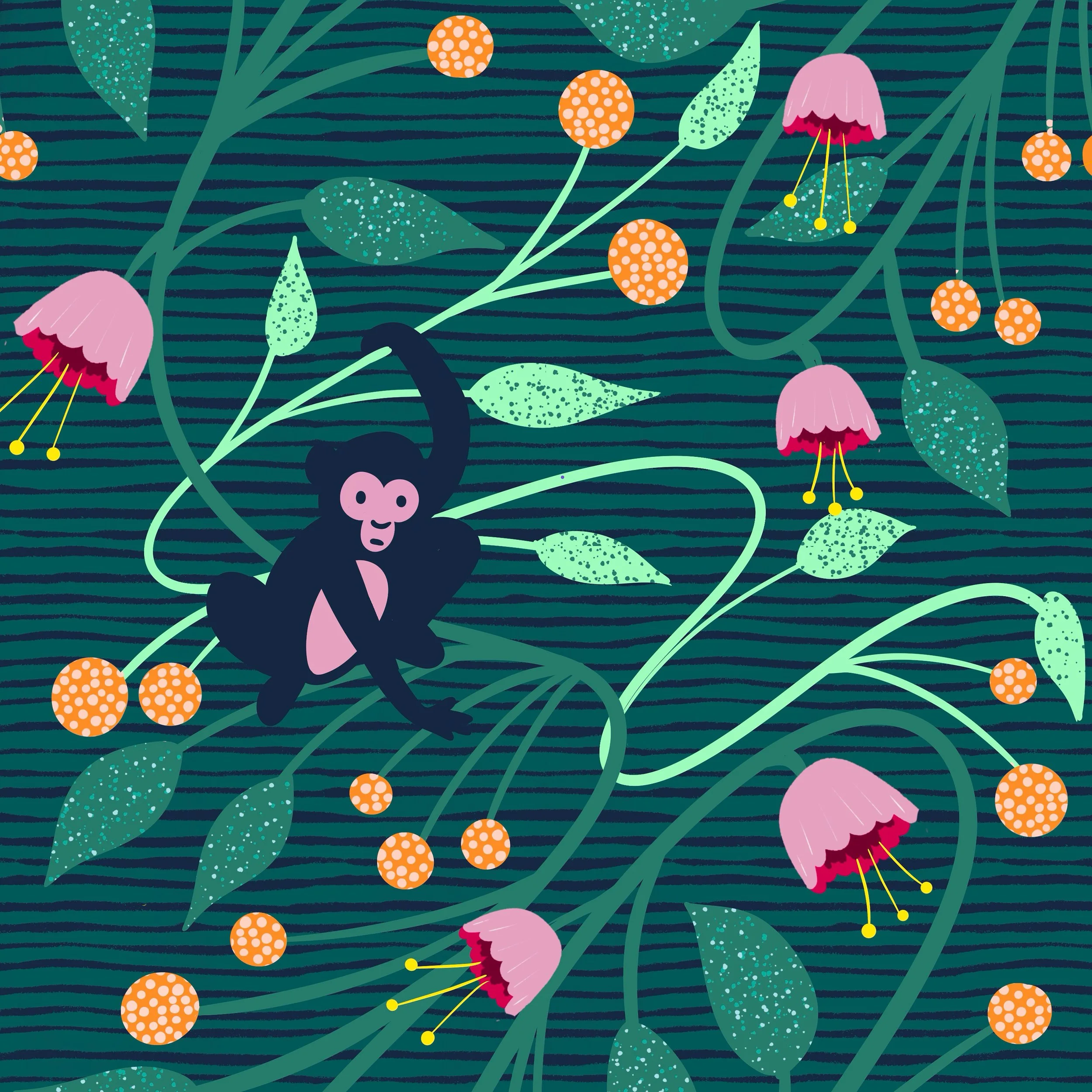 Colorful floral pattern with pink flowers, green leaves, and orange polka-dot circles on a dark striped background.