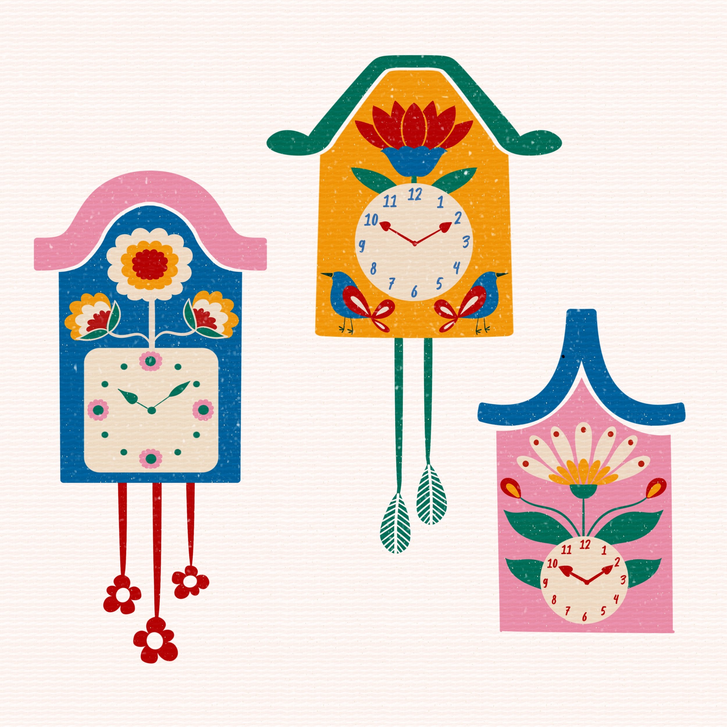 Colorful, decorative clocks with floral motifs, shaped like houses and flowers, featuring whimsical designs.