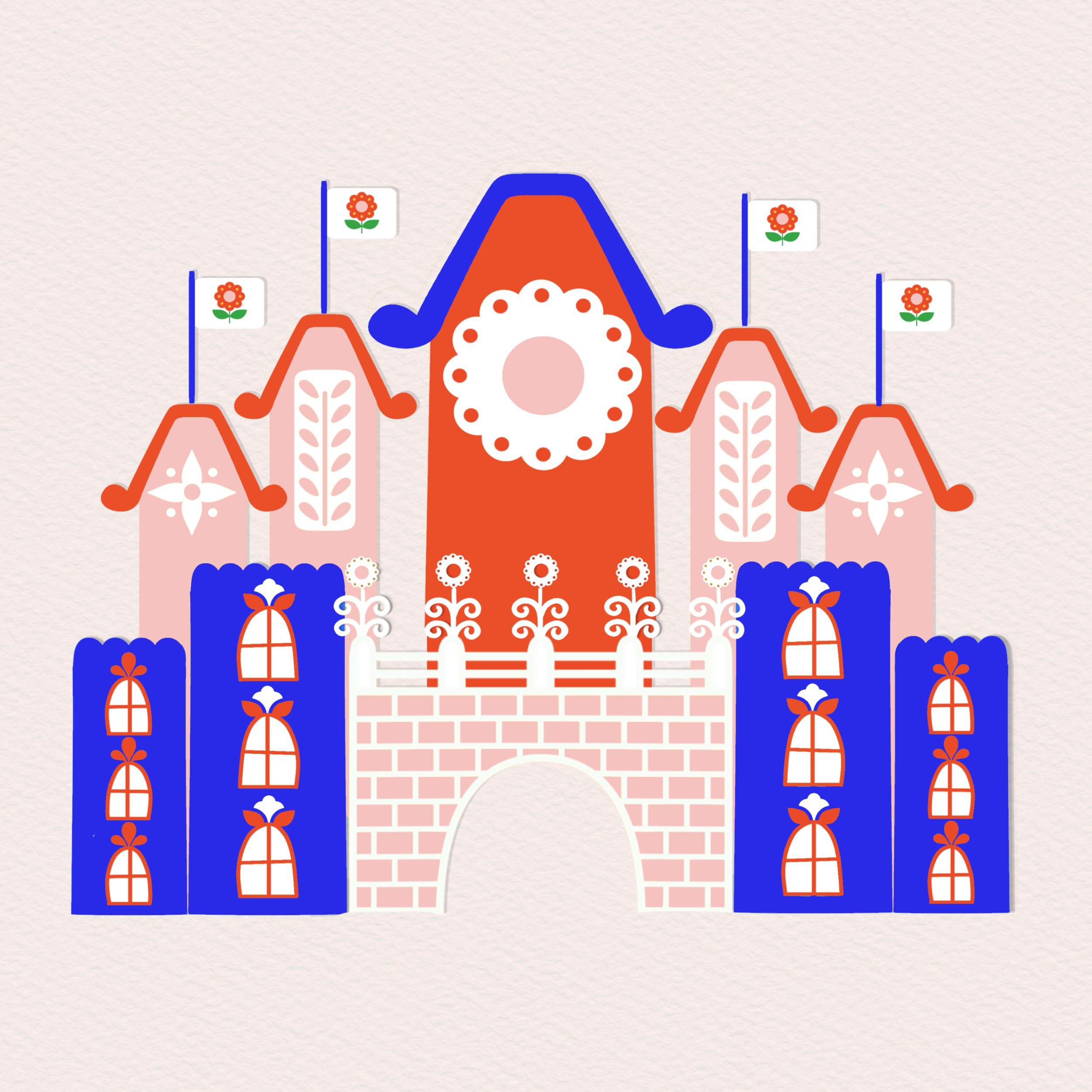 A colorful, stylized illustration of a castle with red and blue towers, decorated with white and red patterns, surrounded by pink walls and flags with red flowers.