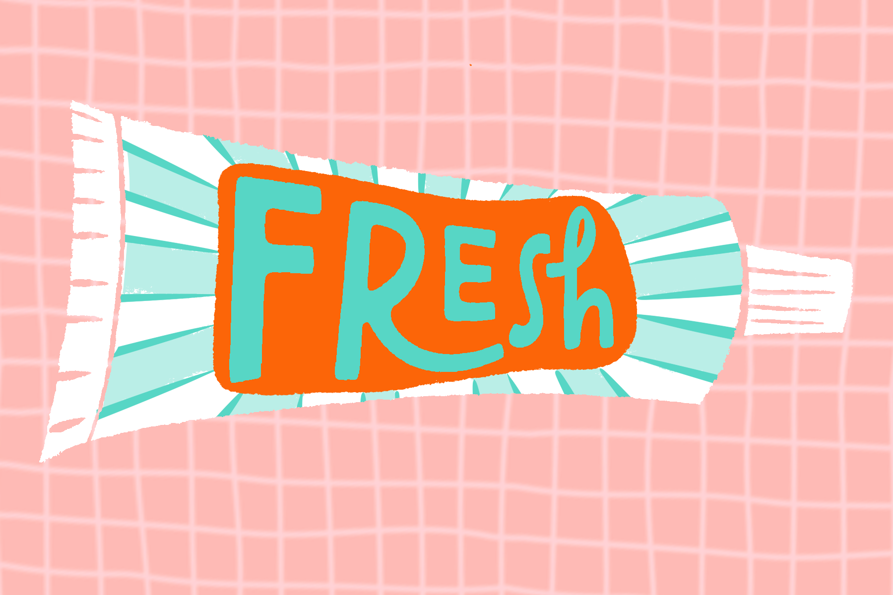A colorful illustration of a fabric with the word 'FRESH' in stylized blue and orange text, set against a pink grid-patterned background.