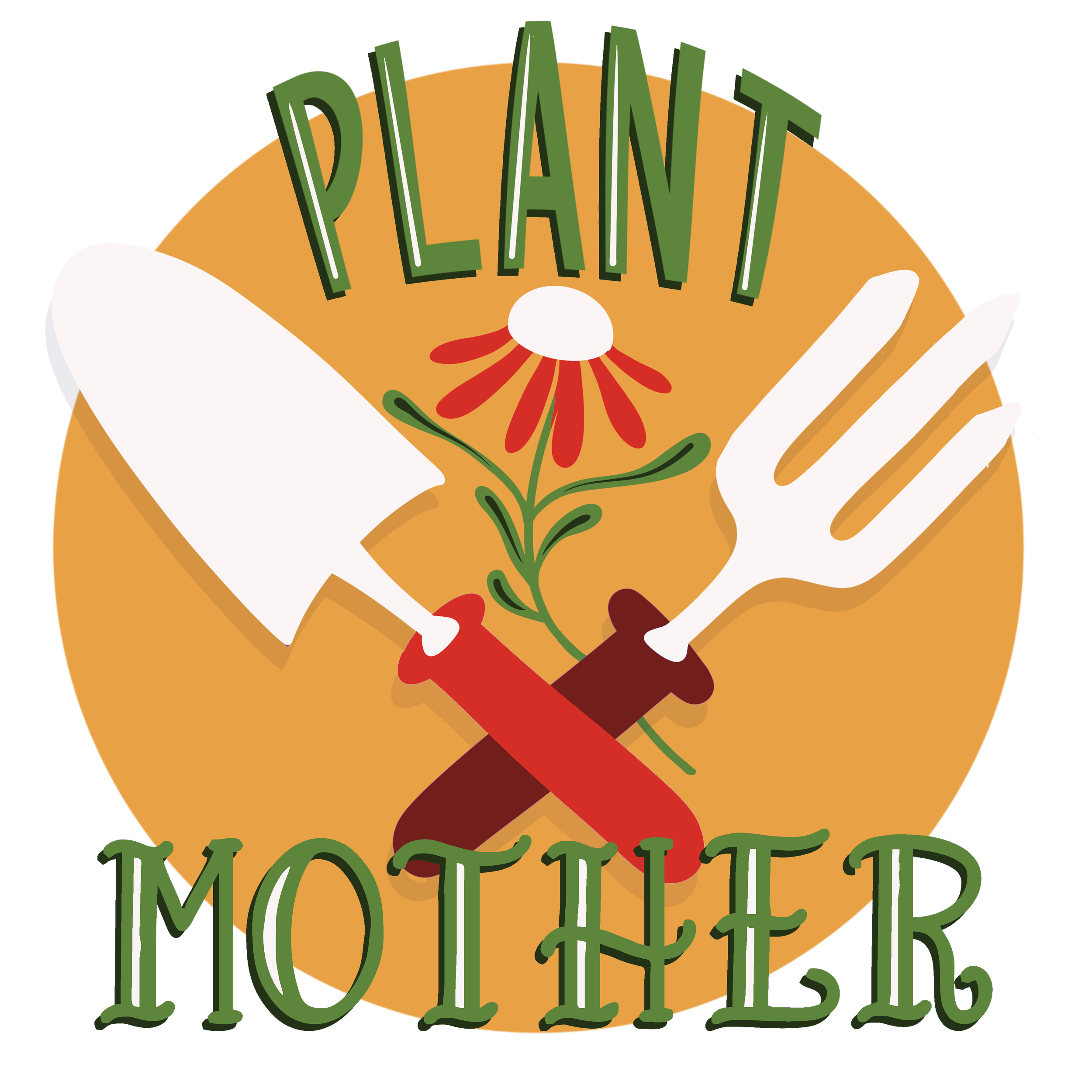 Colorful logo with the words "Planting Monthly" in green, large, bold, three-dimensional letters on an orange circular background with white and red floral elements.