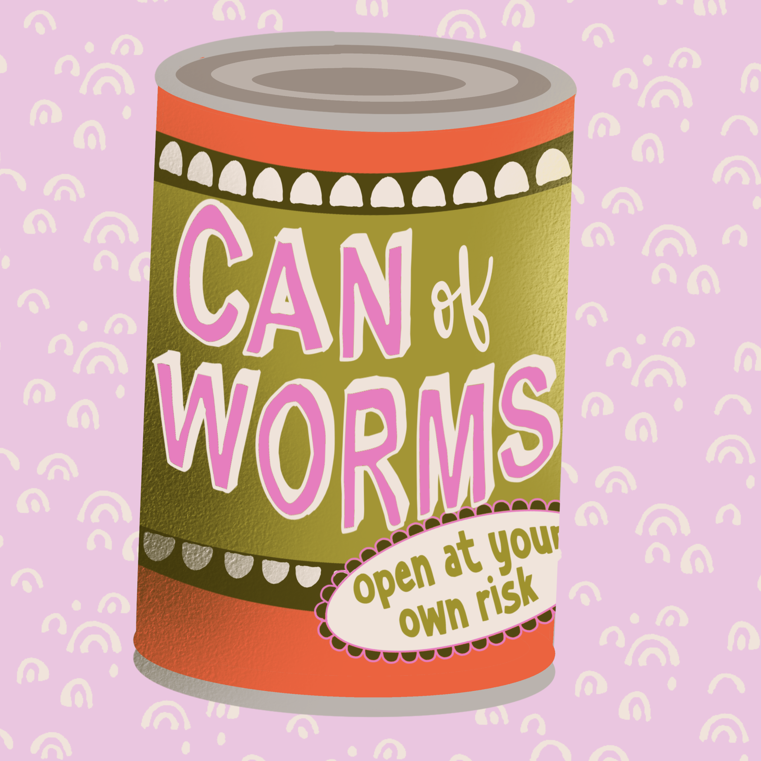 A can of soup with partially visible text and a warning label on a pastel pink background with white rainbow patterns.