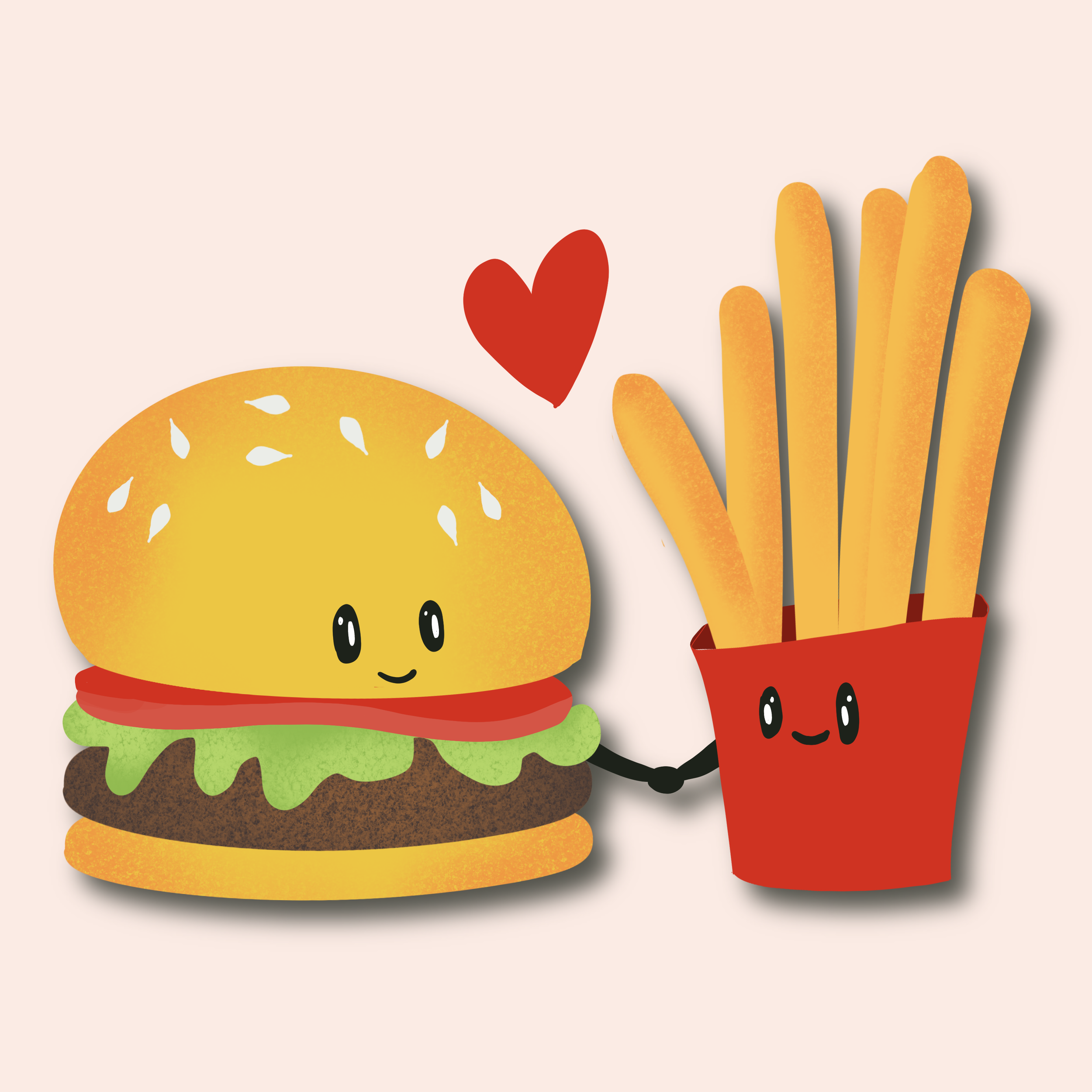 Cartoon burger with a smiling face, next to a cartoon container of French fries with a smiling face, both with cute eyes and happy expressions against a light pink background.