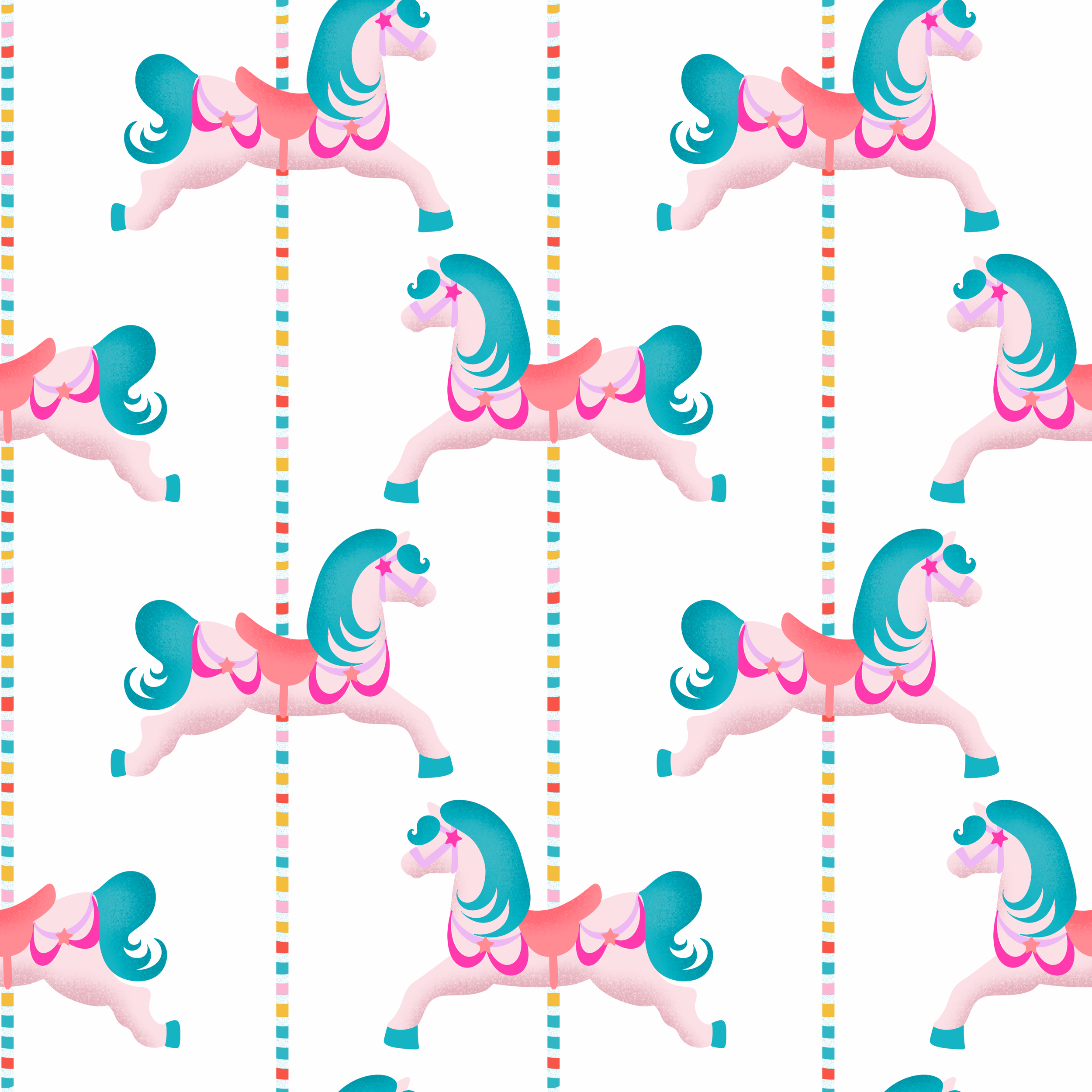 Pattern of cartoon carousel horses with blue manes, pink bodies, pink and purple harnesses, and yellow-striped poles.