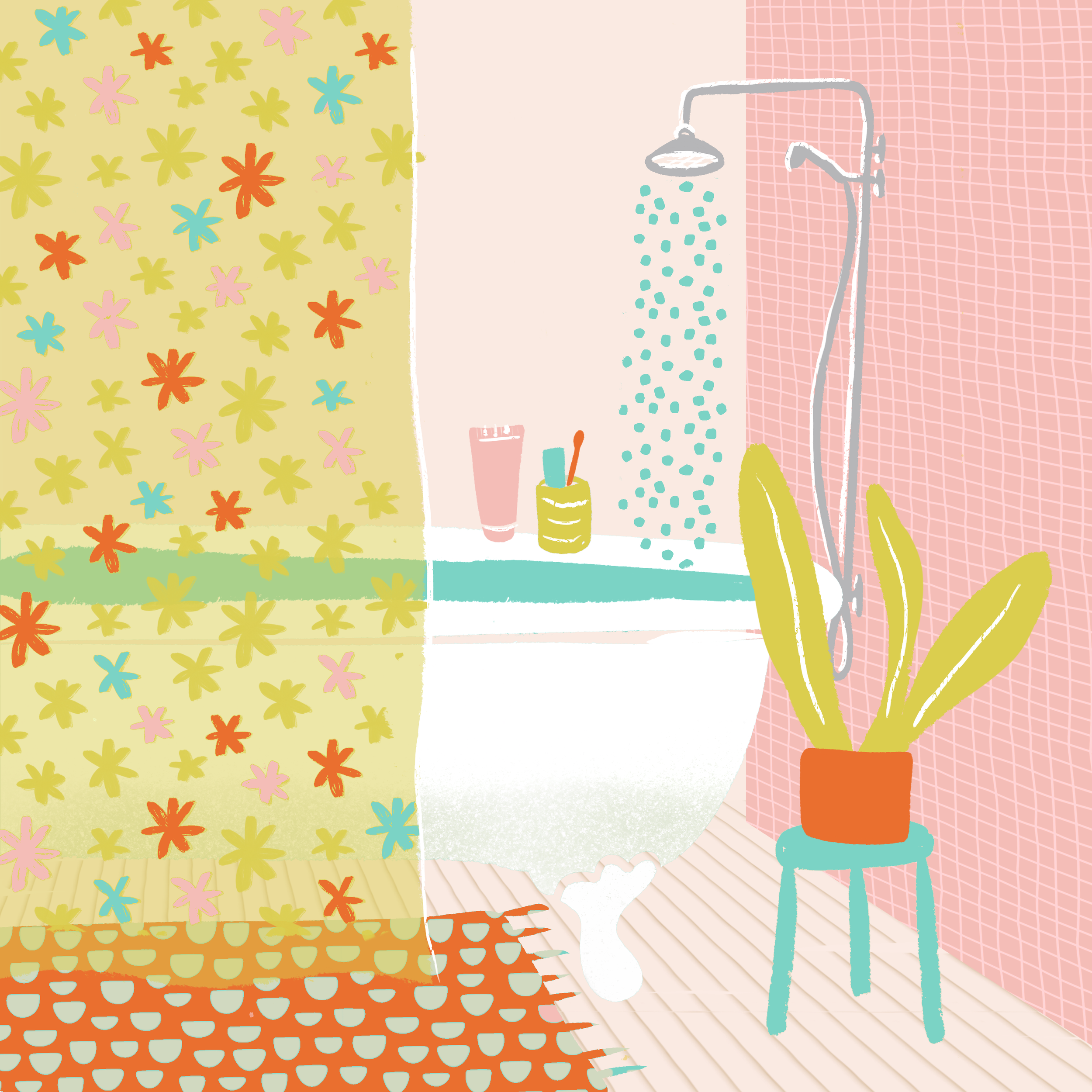 A colorful illustrated bathroom with floral-patterned wallpaper, a shower with dotted shower curtain, a pink soap dispenser, a toothbrush holder with a brush, and a potted plant with yellow leaves on a blue stool.