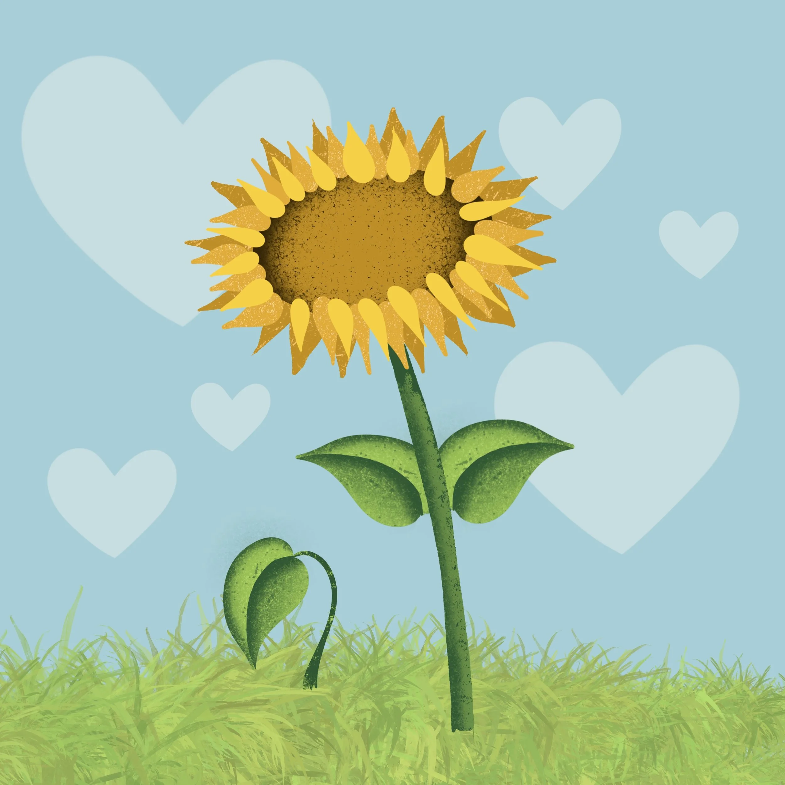 A colorful illustration of a sunflower with a bright yellow center and yellow petals, standing on a green stem with leaves, against a blue background with light-colored heart shapes and some grass at the bottom.