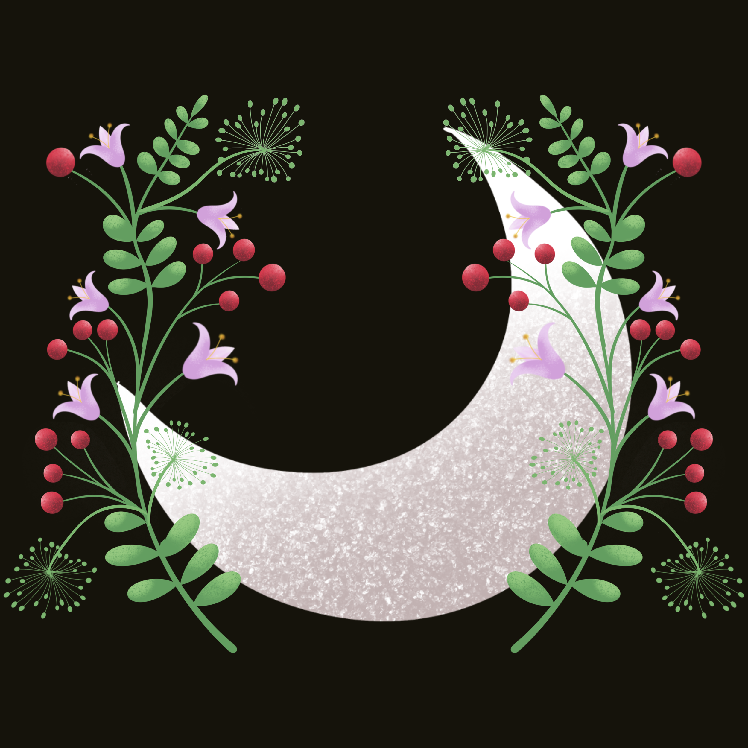 Stylized white letter 'A' surrounded by green leafy vines with small pink flowers and red berries on a black background.