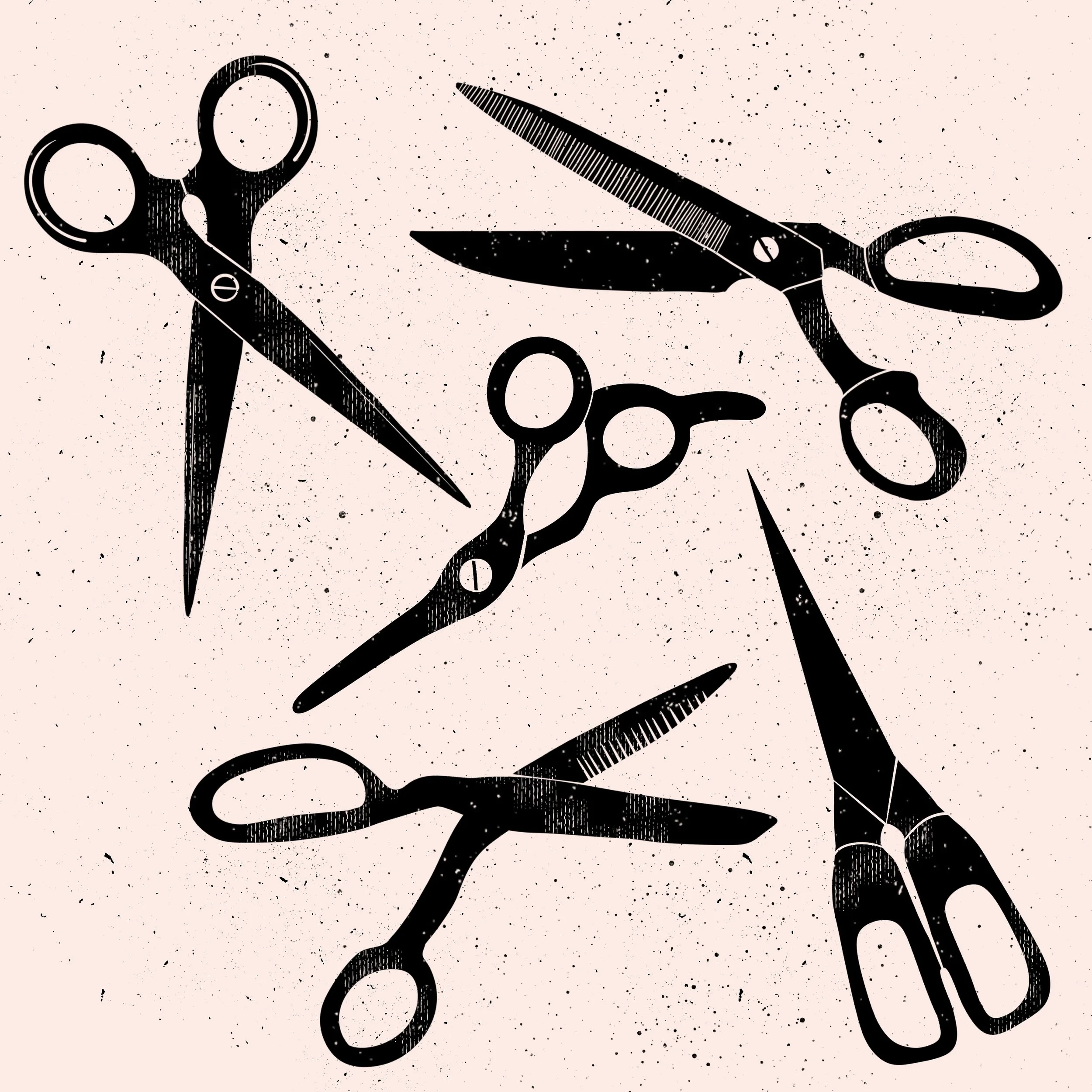 Black and white graphic illustration of scissors, a razor, and a comb on a speckled background.