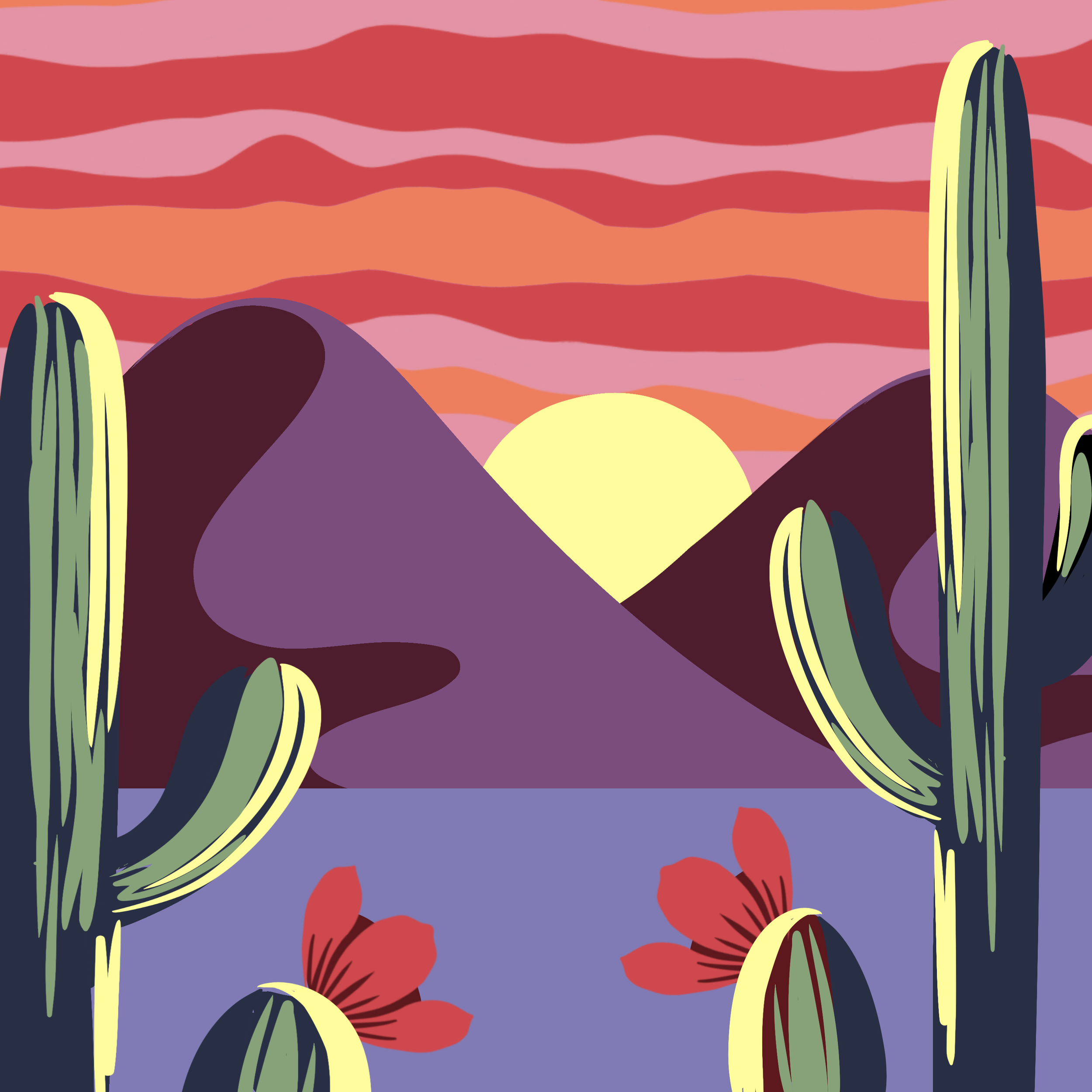 An abstract digital illustration of a desert landscape at sunset, featuring colorful stylized cacti and mountains in bold, bright colors.