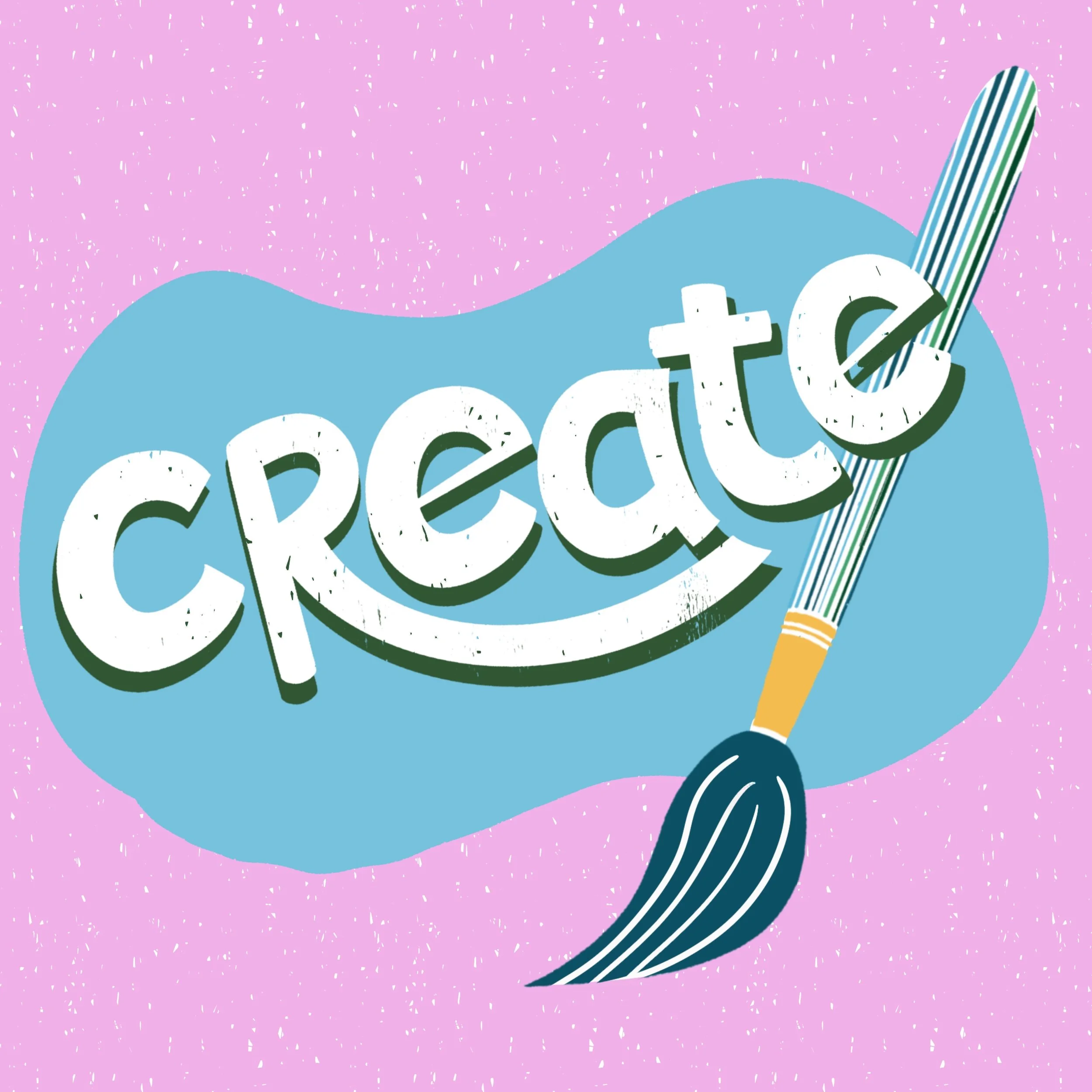 An illustration of the word 'create' written in bold, white and black textured letters with a diagonal striped pencil drawing the letter 'e'. The background features a pink top section with white sprinkles and a blue oval shape behind the text.