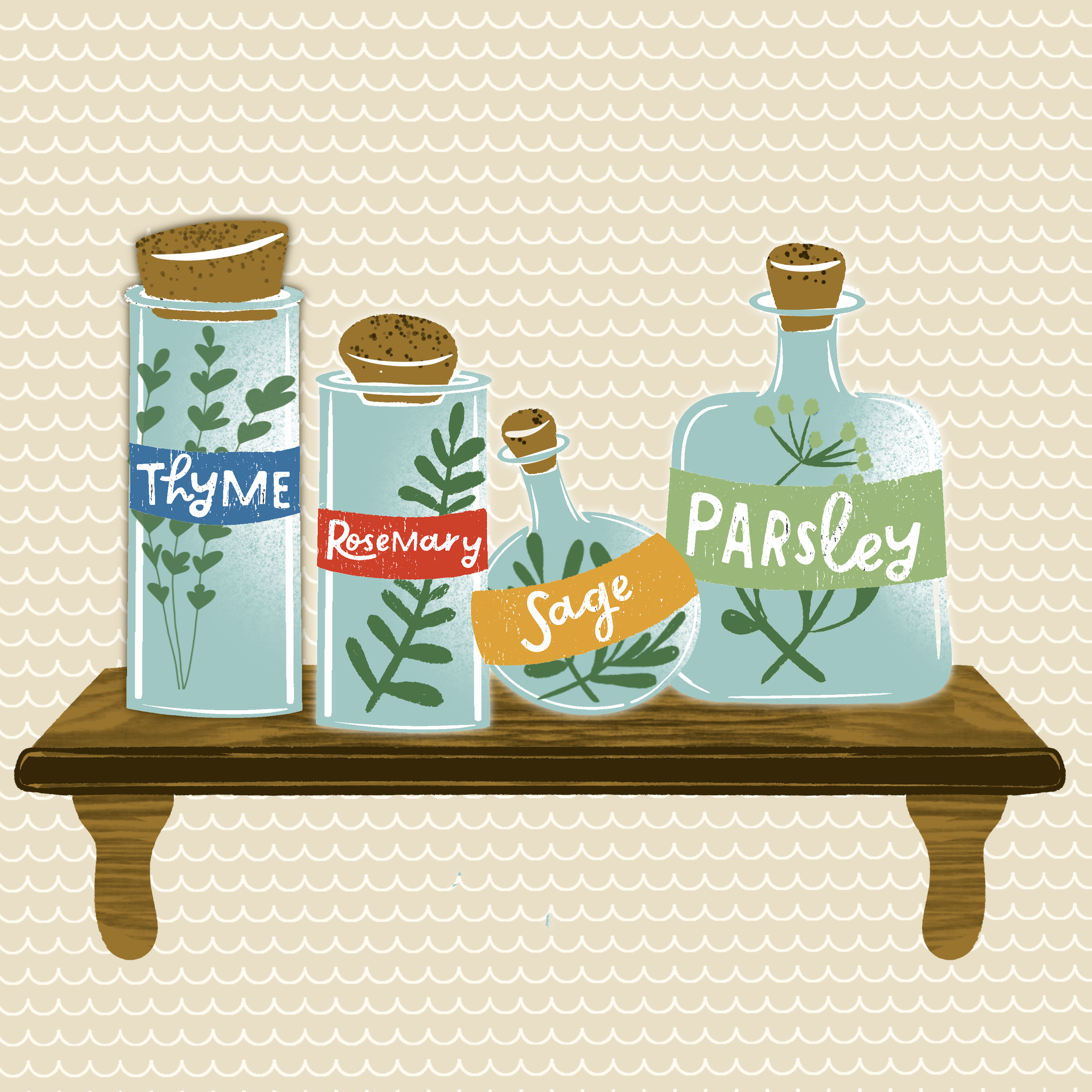 Illustration of laboratory glassware with herbal labels for thyme, rosemary, sage, and parsley, decorated with botanical illustrations, on a wooden surface with a beige scalloped patterned background.