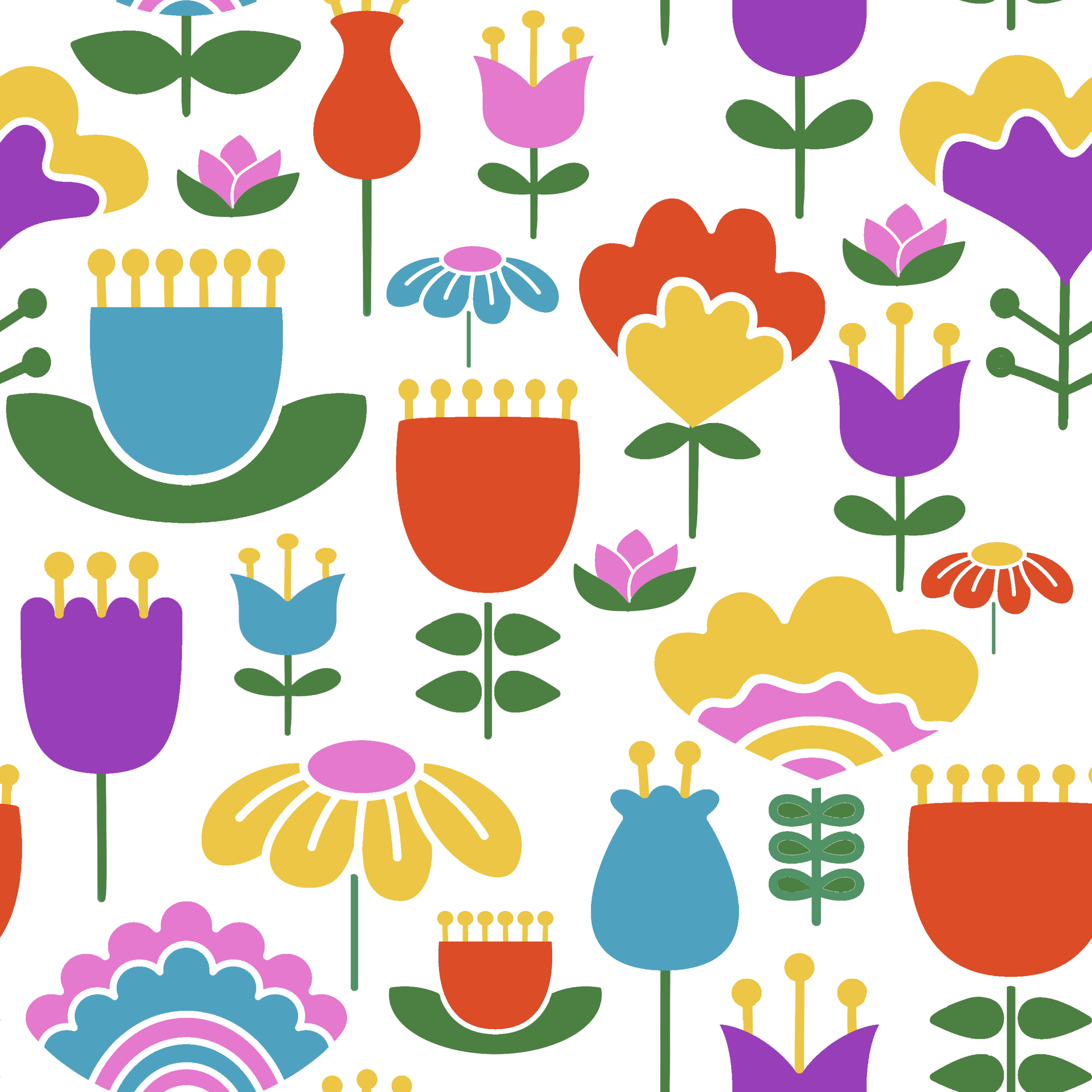 Bright, colorful floral pattern with stylized flowers in shades of purple, yellow, red, pink, blue, and green on a white background.