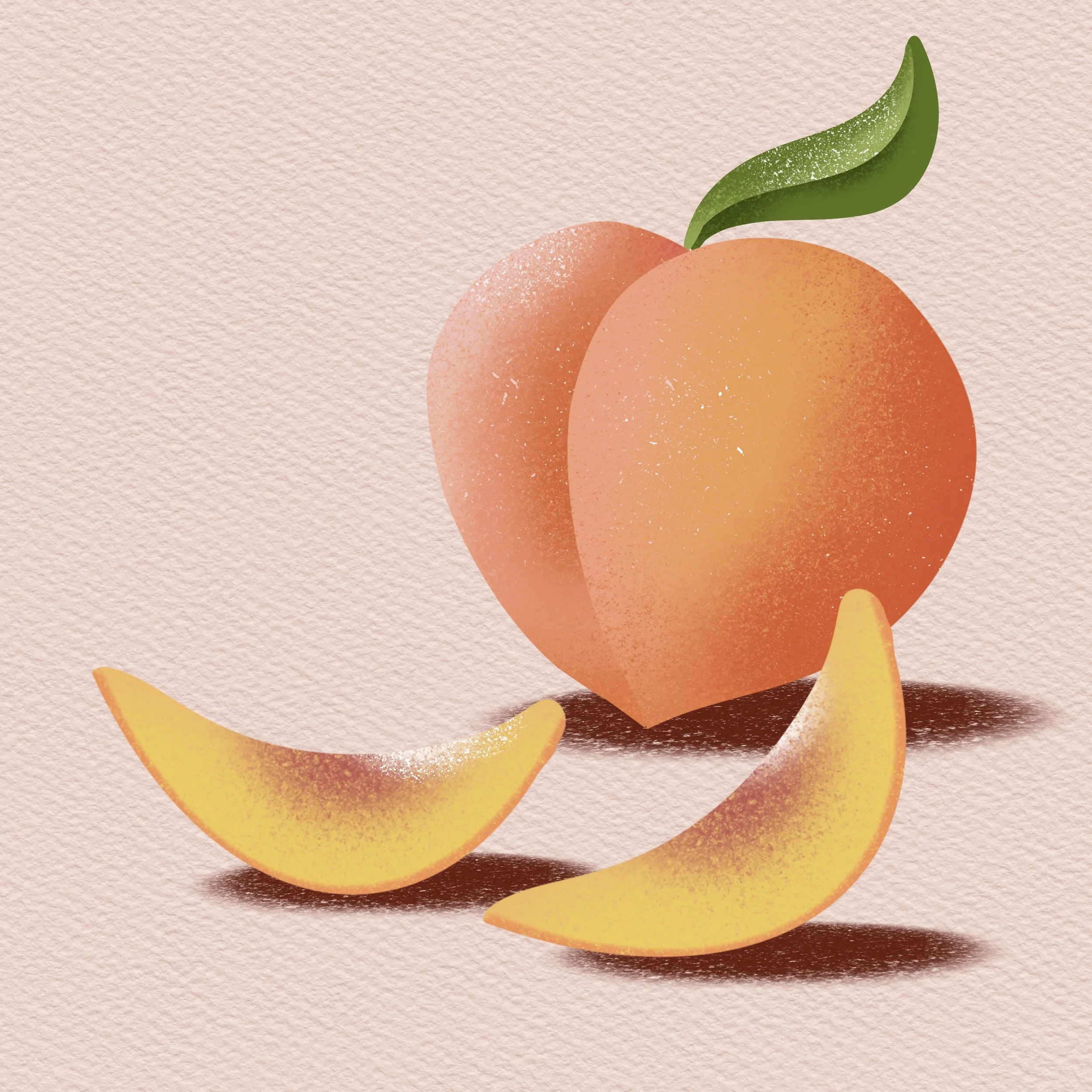 Abstract illustration of peaches with green leaves on a textured pink background.