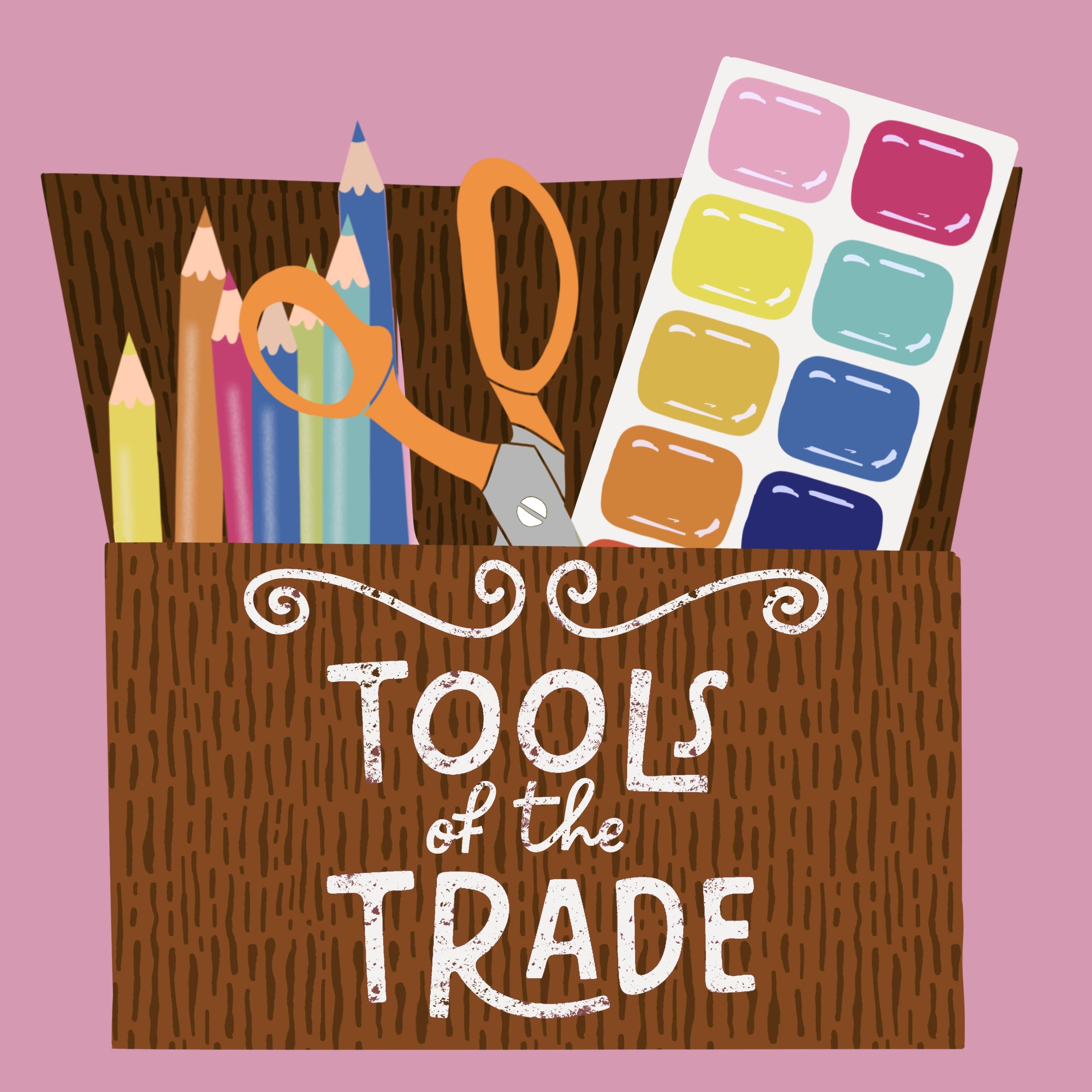 Close-up of a brown wooden box filled with colorful pencils, scissors, and a watercolor palette against a pink background.