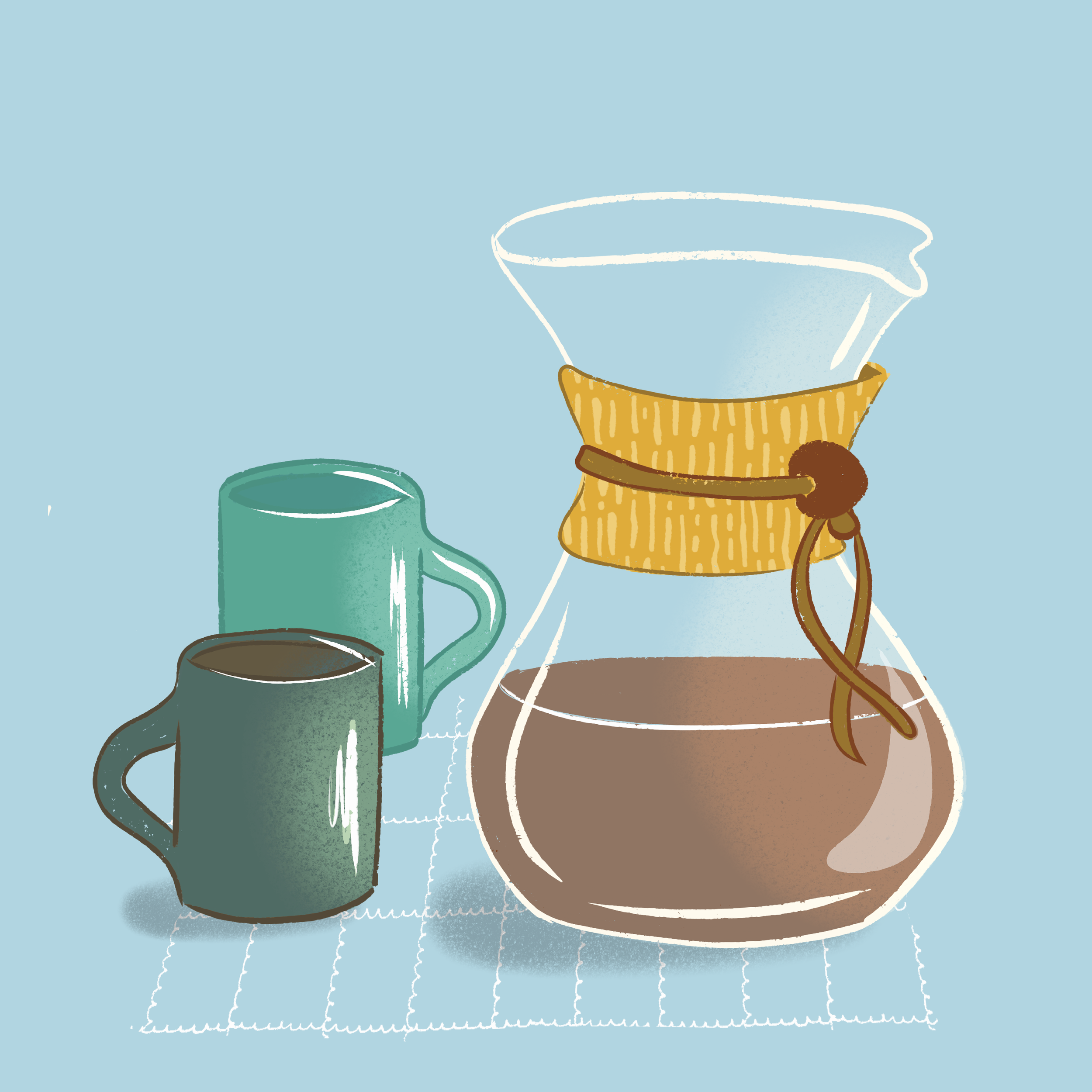 Illustration of two coffee mugs, one green and one brown, and a yellow fabric cup holder on a light blue surface.