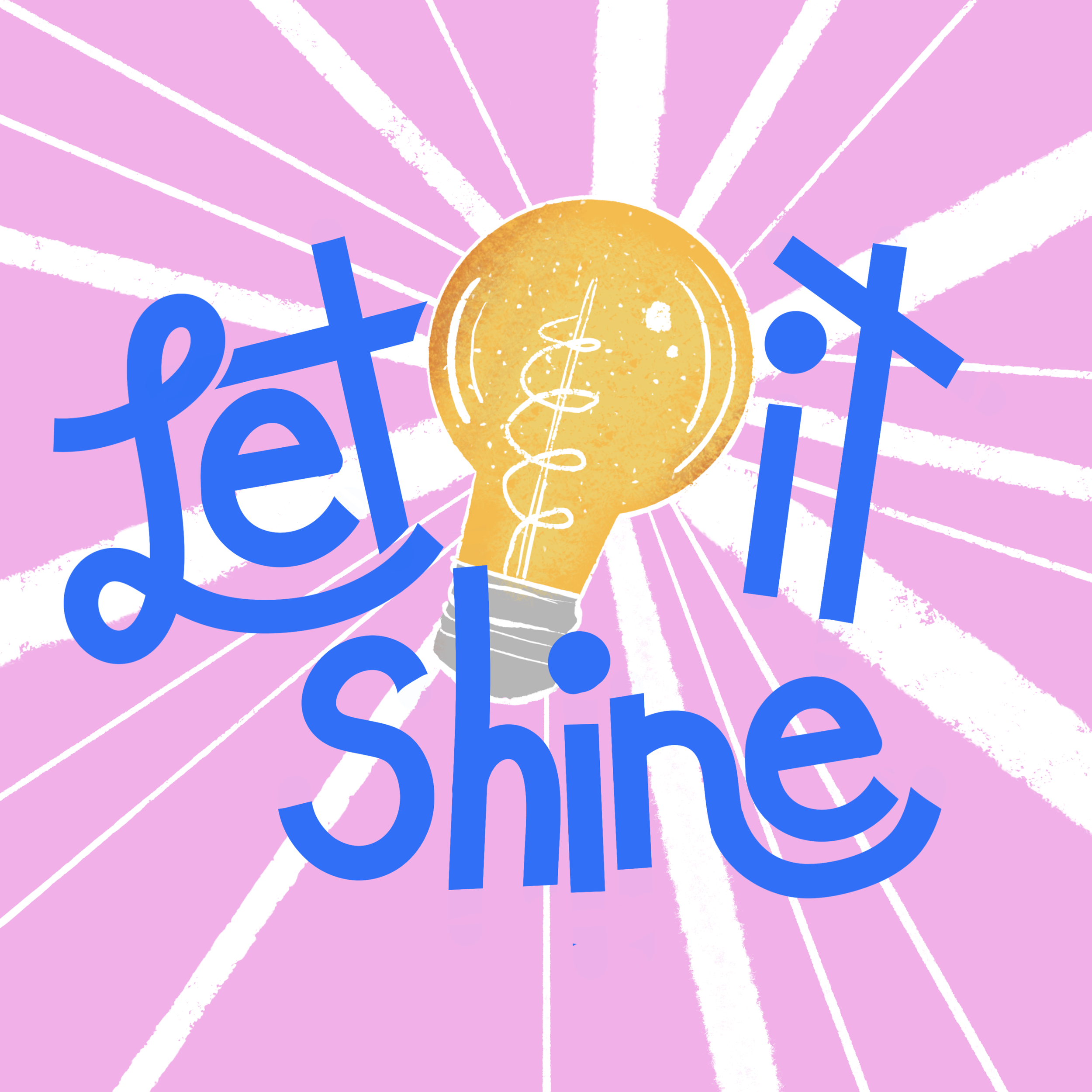 A bright yellow lightbulb with a spiral filament set against a pink background with radiating white lines and blue text overlapping the image.