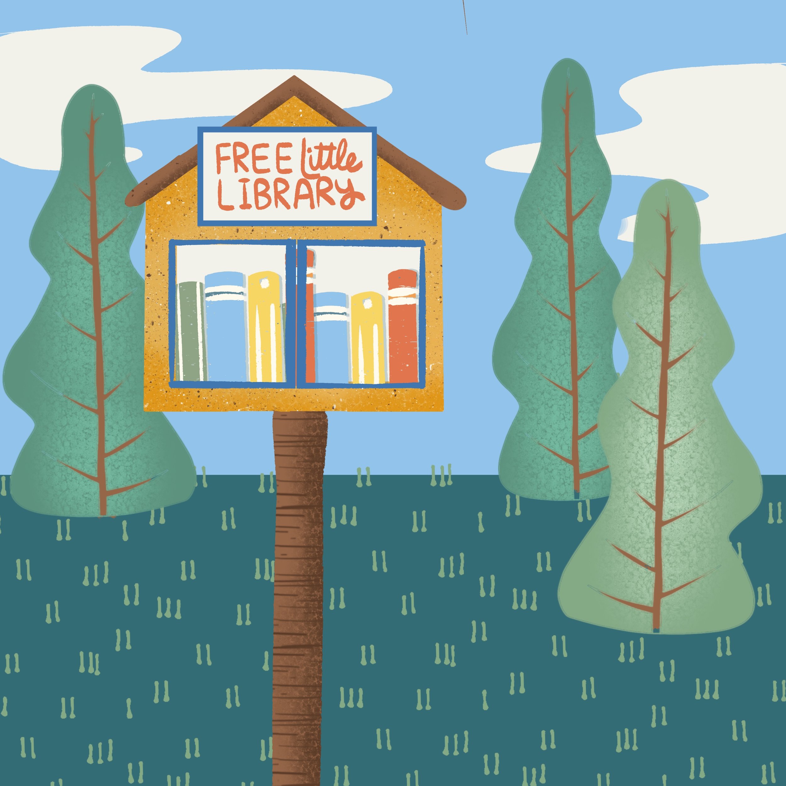 Illustration of a small library building with a sign that says 'FREE little LIBRARY', surrounded by trees and a blue sky with clouds.