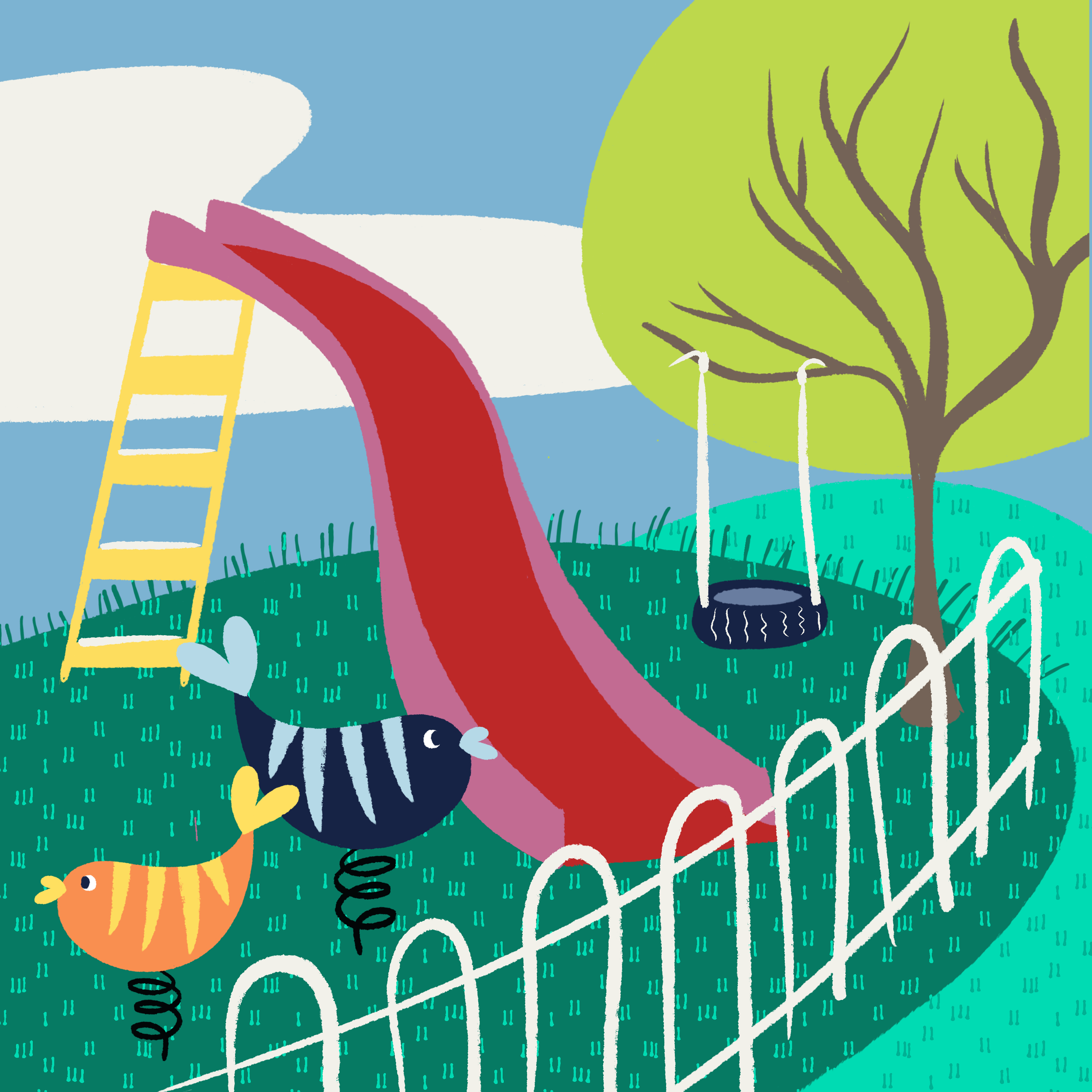 Colorful illustration of a park scene with a slide, a tree, a tire swing, a fish, and various abstract shapes and patterns.