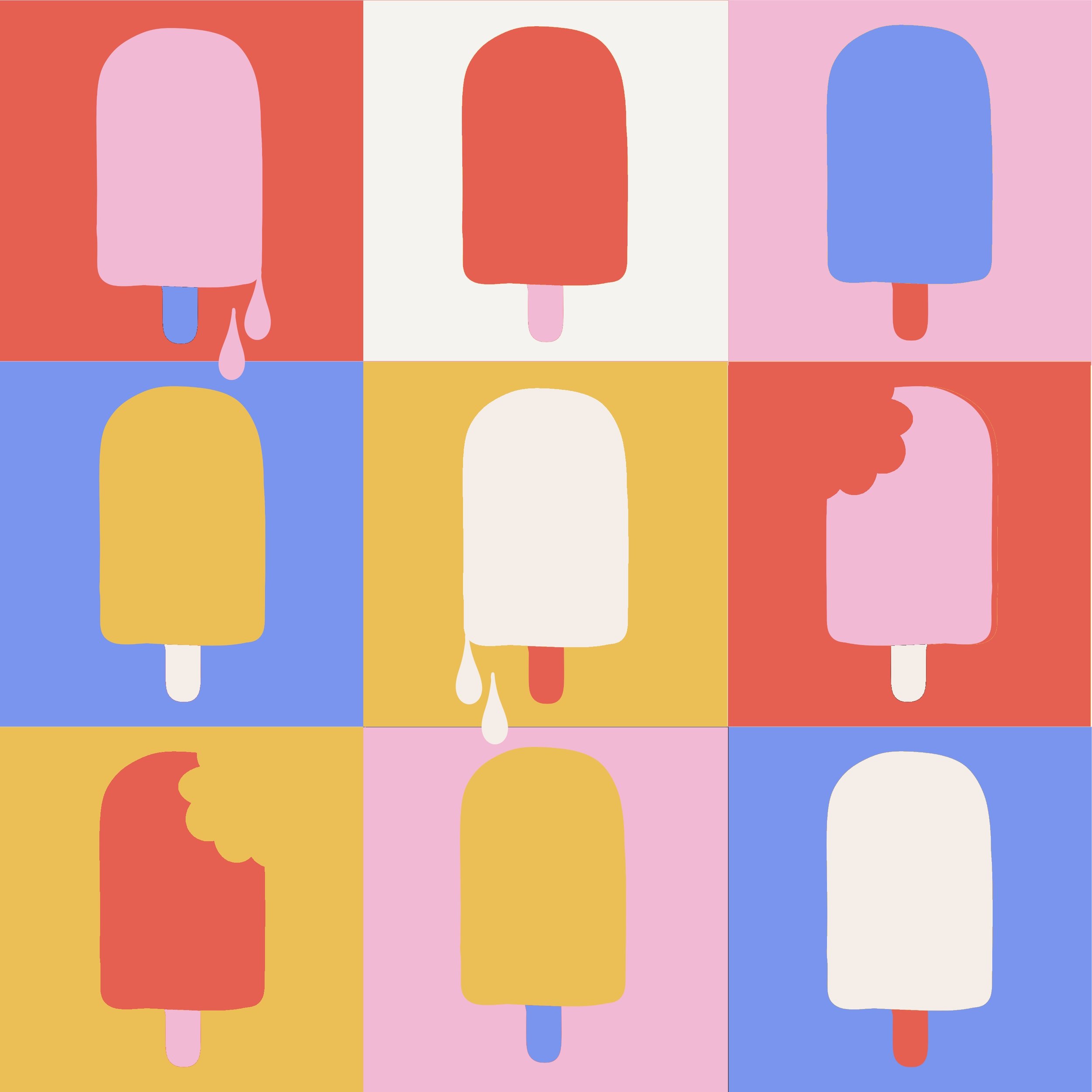 A colorful, abstract pattern of six popsicle illustrations in red, pink, or blue on vibrant backgrounds of red, white, yellow, and pink, with dripping details on some of the popsicles.