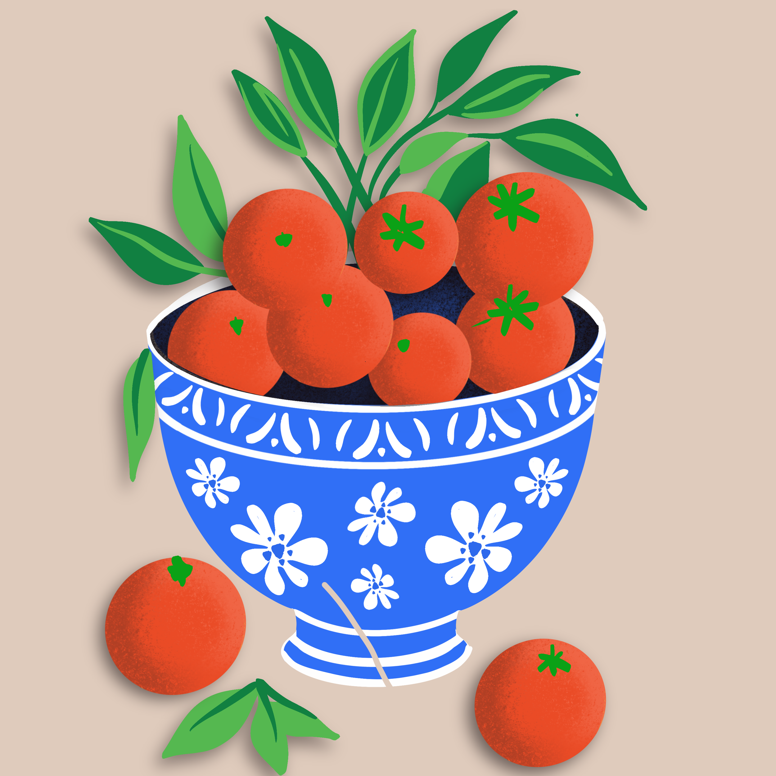 Illustration of a blue and white patterned vase filled with red-orange tomatoes and green leaves, with a beige background.