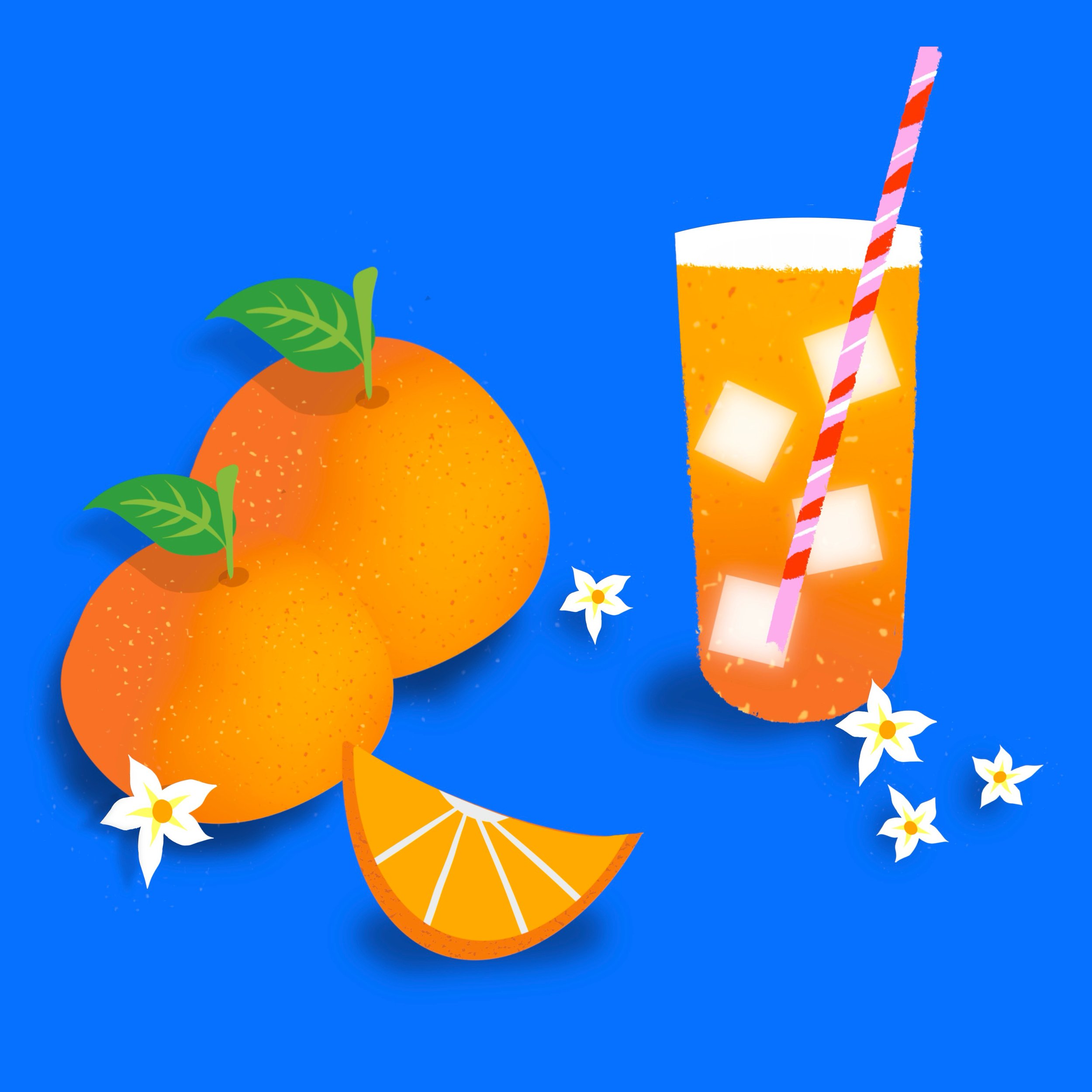 Bright blue background with white flowers, orange sliced fruit ornament with green leaves, a glass of orange beverage with ice cubes and a pink-striped straw, and scattered star-shaped white flowers.