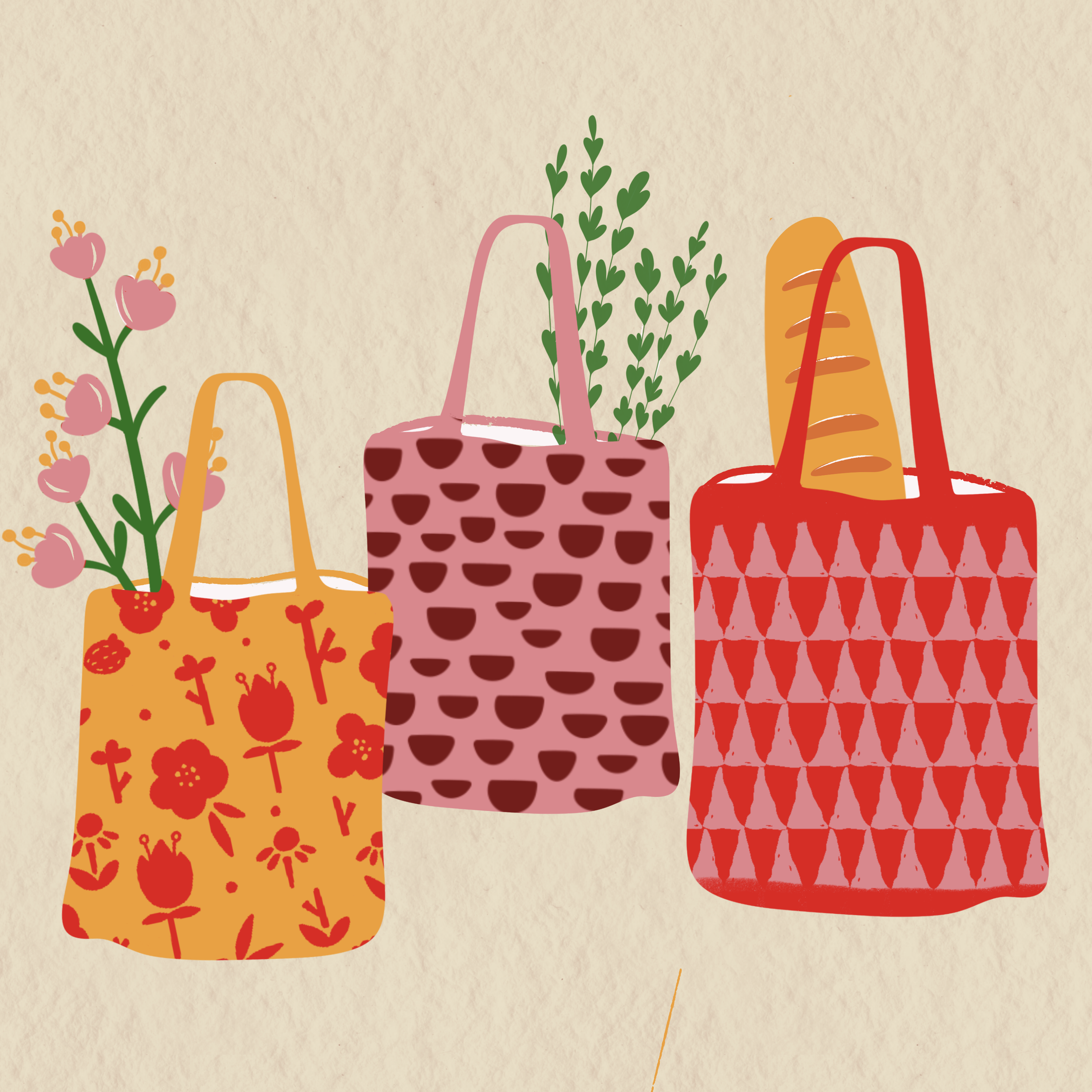 A drawing of colorful playground slides and decorated plant pots with pink flowers, set against a beige background.