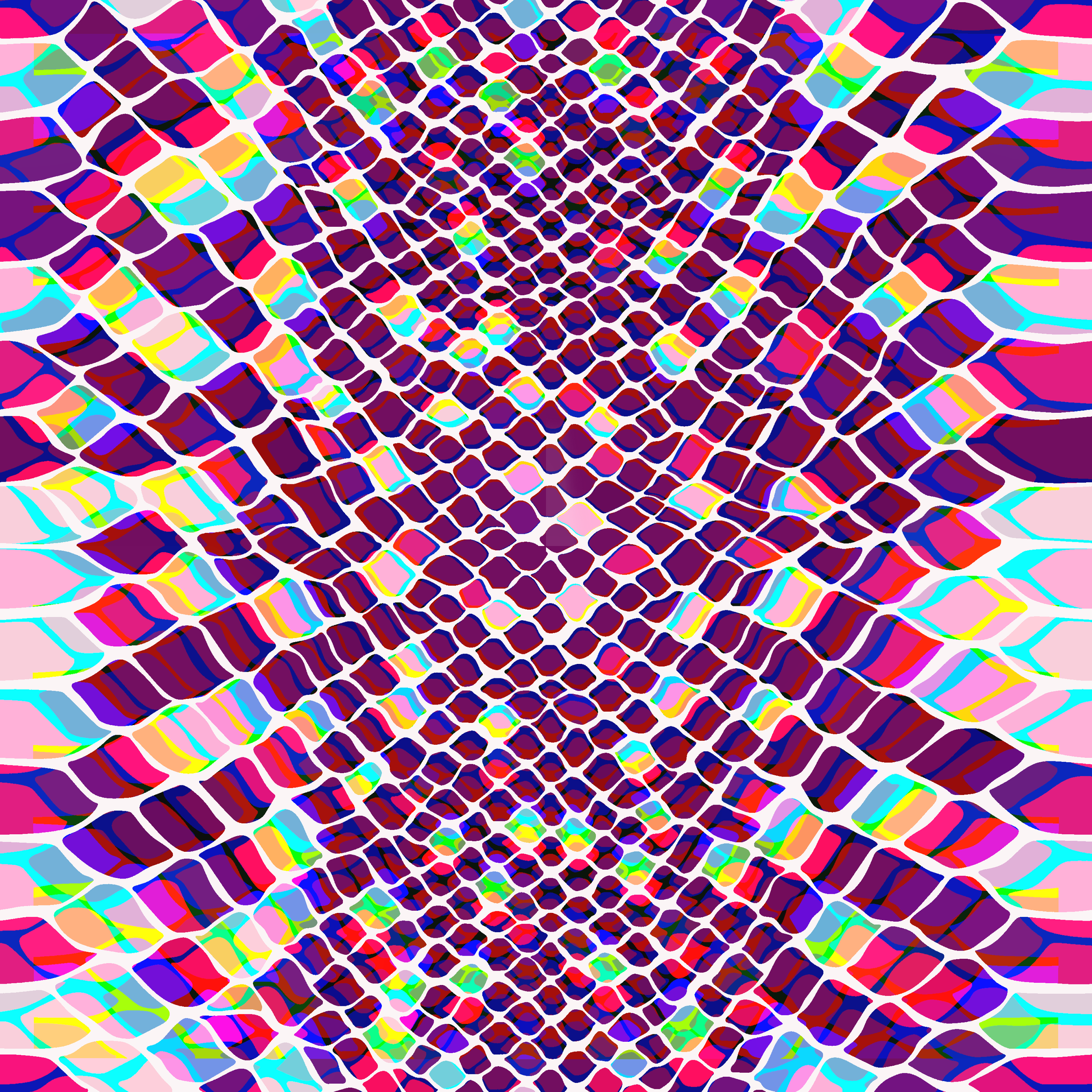 Abstract colorful mosaic pattern with a tunnel-like perspective, featuring vibrant shades of pink, purple, red, yellow, blue, green, and black outlined by white borders.