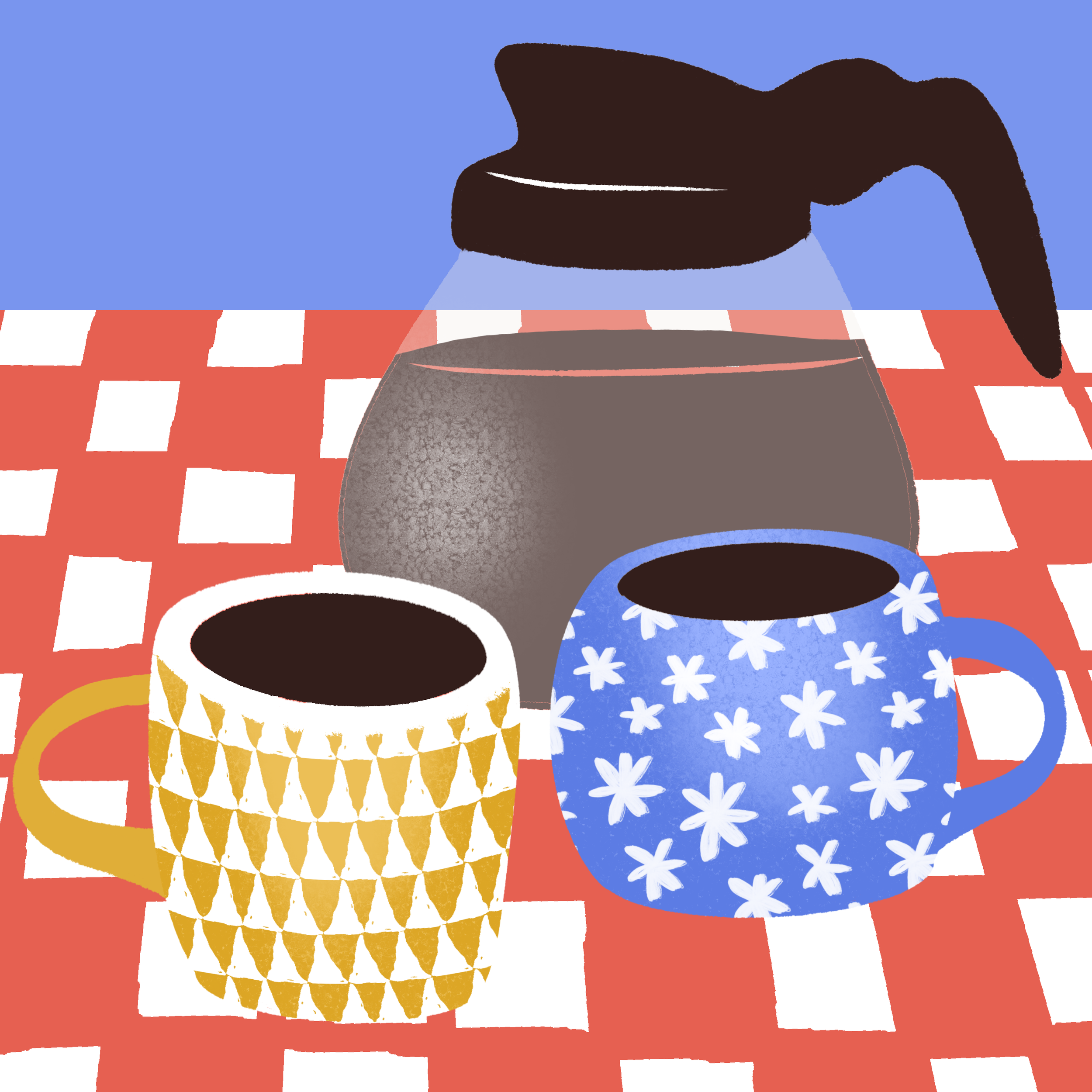 Illustration of three cups of coffee with matching patterned sleeves on a red and white checkered table.