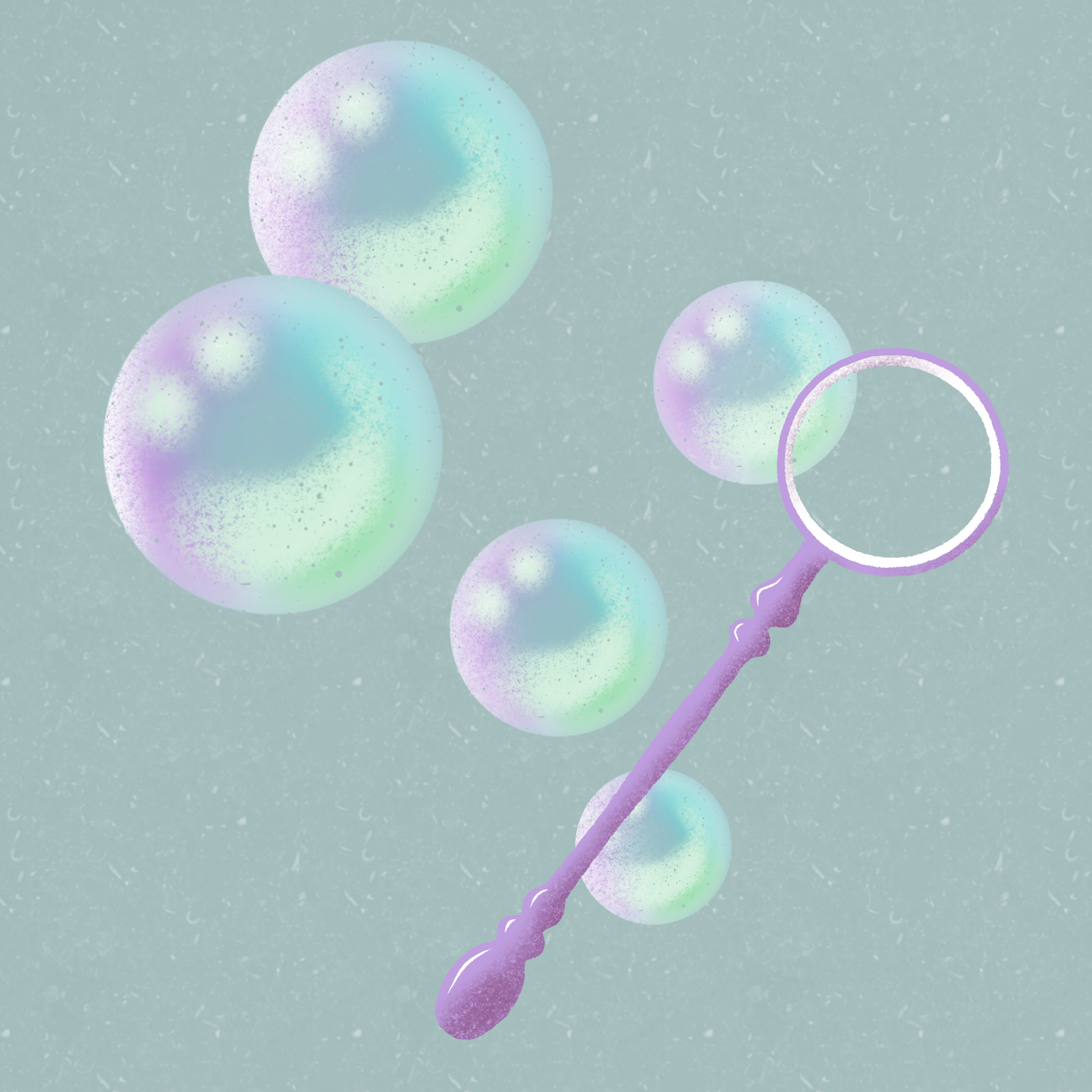 Illustration of a stethoscope with its chest piece on the lower right and the tubes extending upward among pastel-colored bubbles on a textured background.