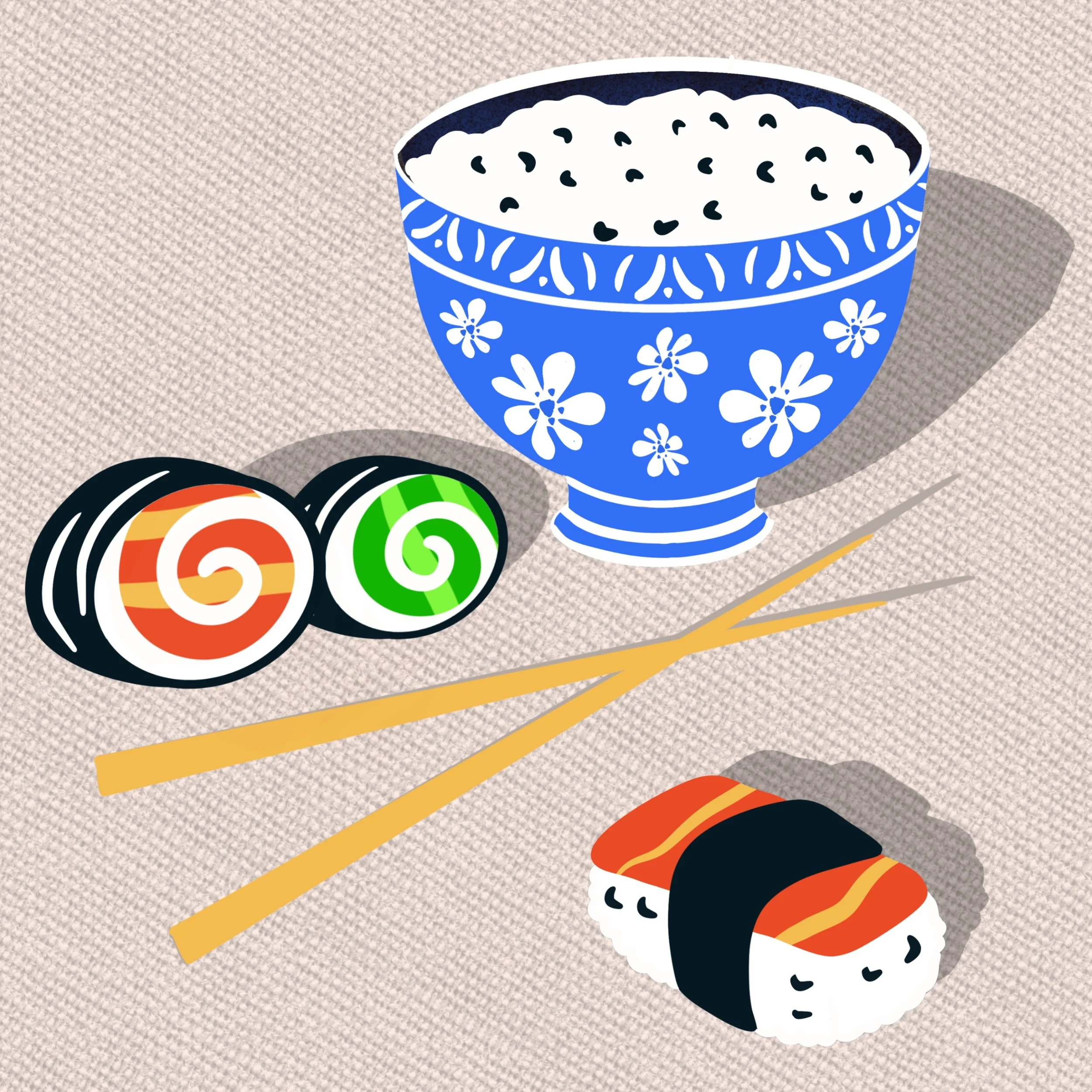Illustration of a bowl of rice with black sesame seeds and a sushi roll with orange fish and green avocado inside.
