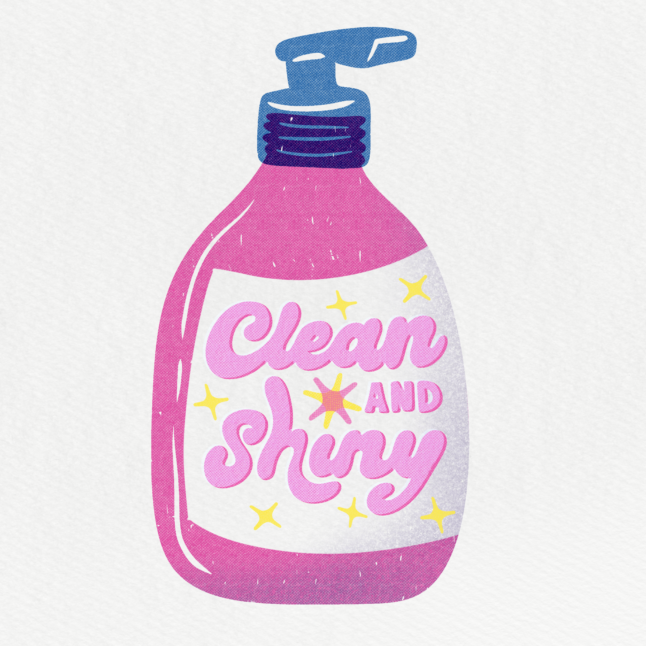 Illustration of a pink bottle with a blue pump dispenser, decorated with yellow star-like designs and pink text reading 'Sweet Land'.