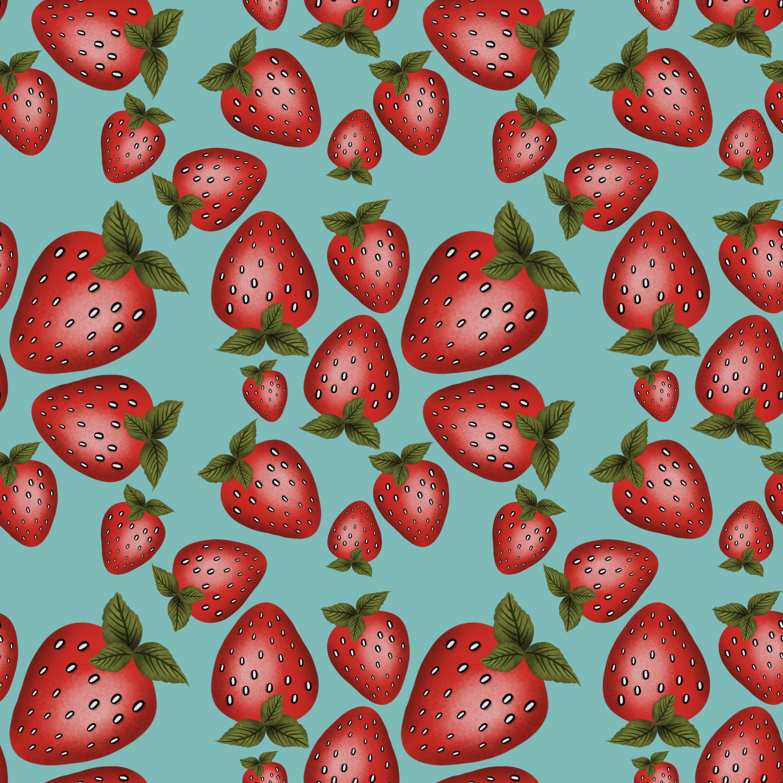 Pattern of red strawberries with green leaves on a light blue background
