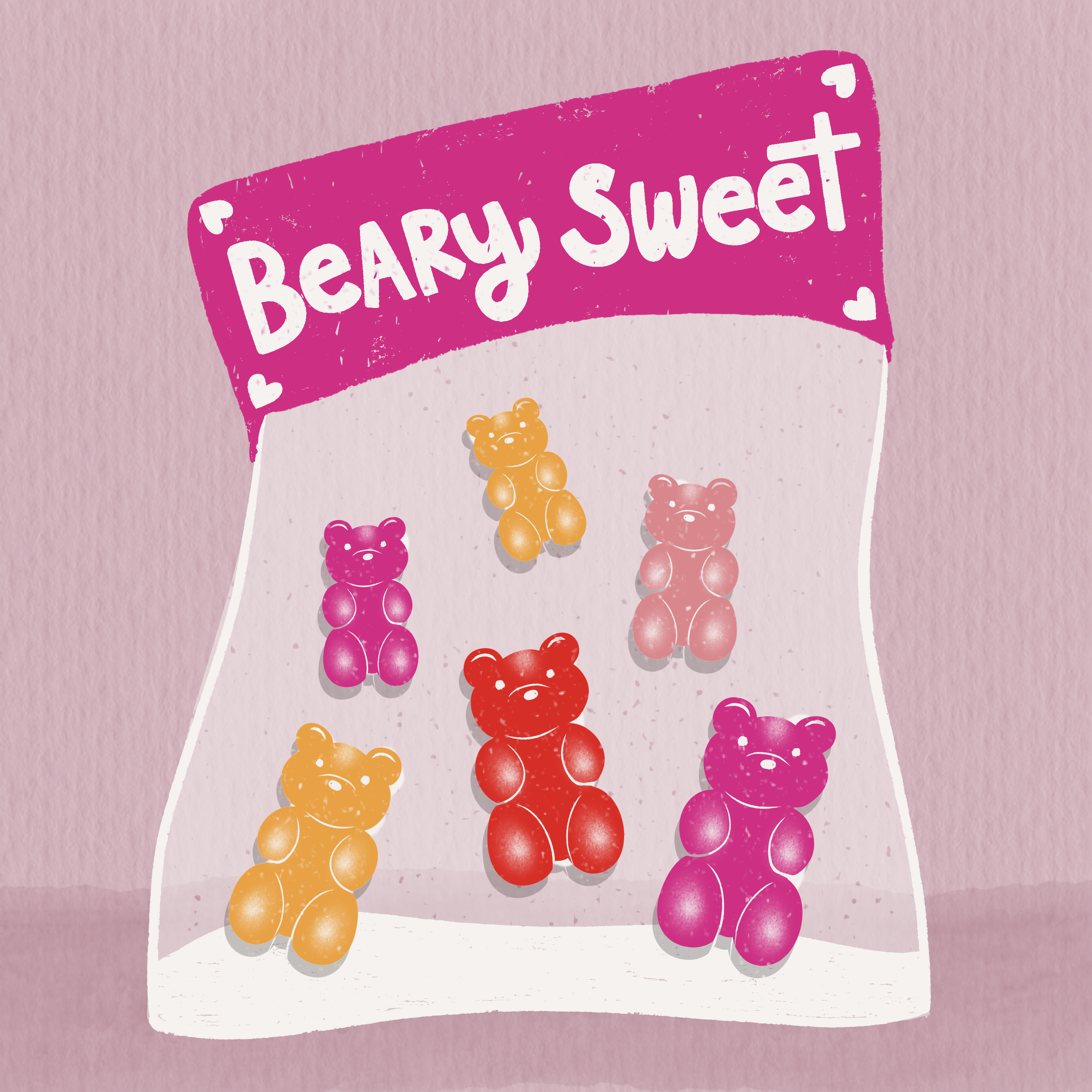 Pink sign with white text that reads 'Beary Sweet' surrounded by small hearts, above a display of colorful bear-shaped candies on a pink background.