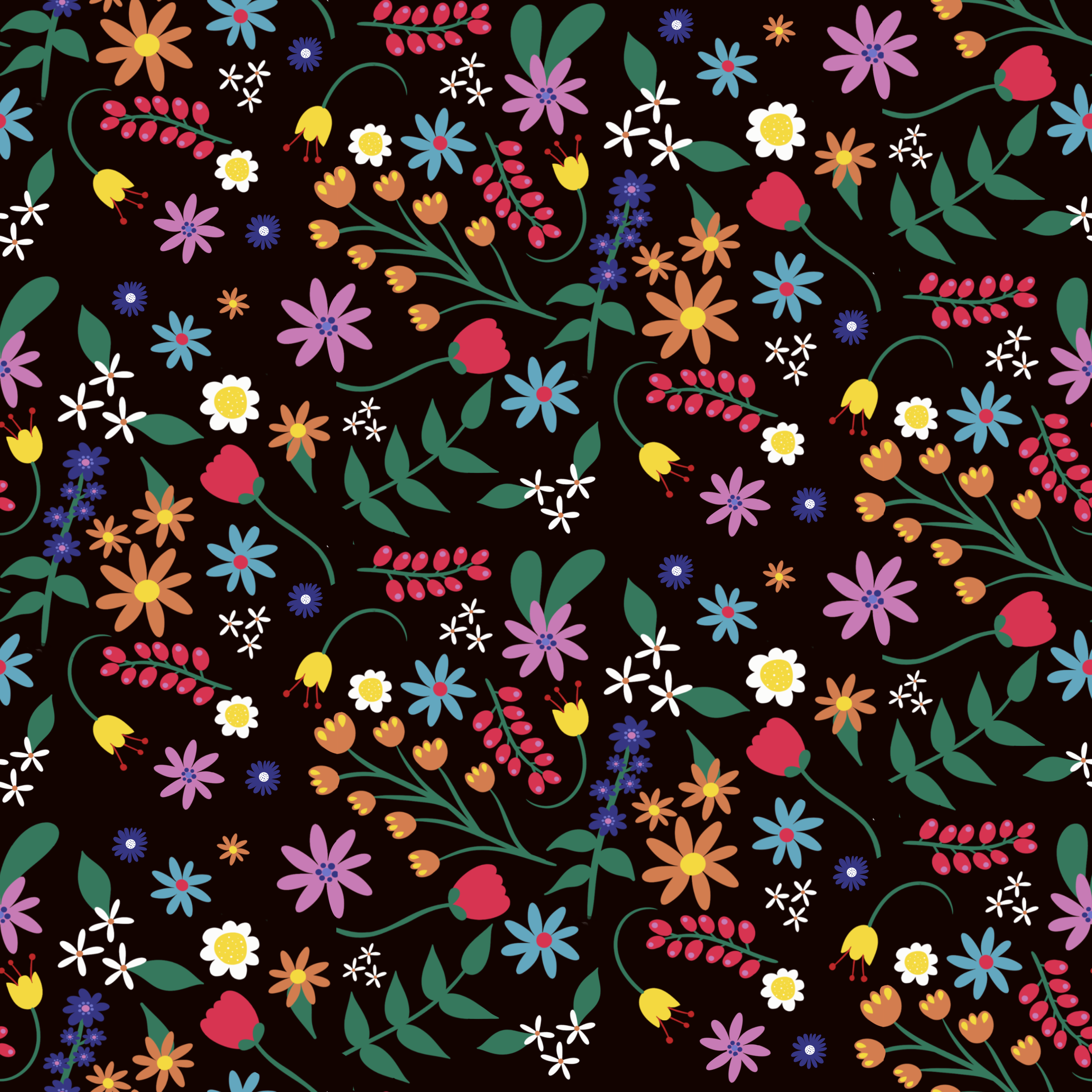 Pattern of colorful flowers on a black background, including daisies, tulips, and small blue, white, and red blossoms.