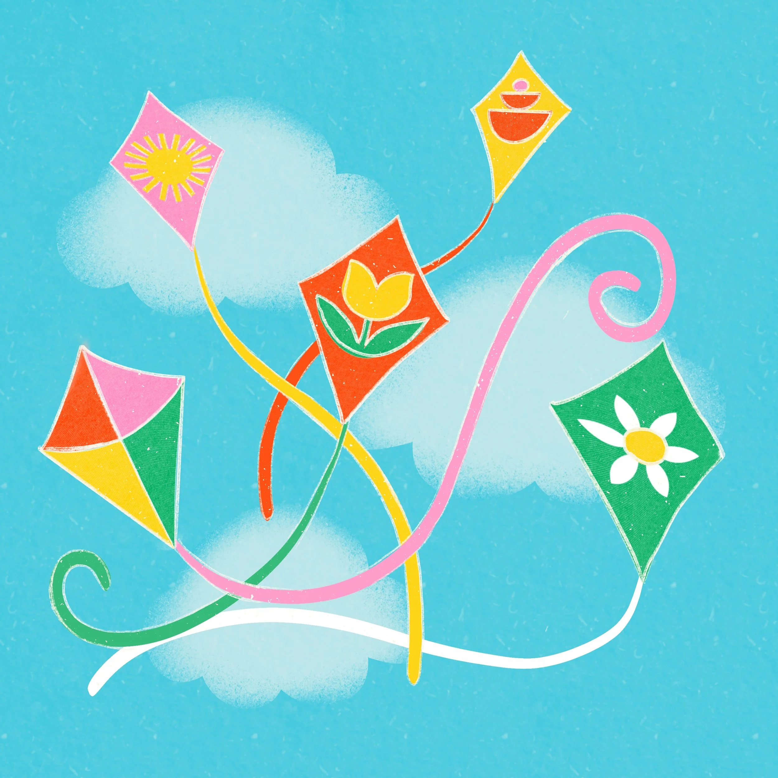 Colorful kite with a pink diamond-shaped section and a yellow section with red shapes, flying against a blue sky with some clouds.
