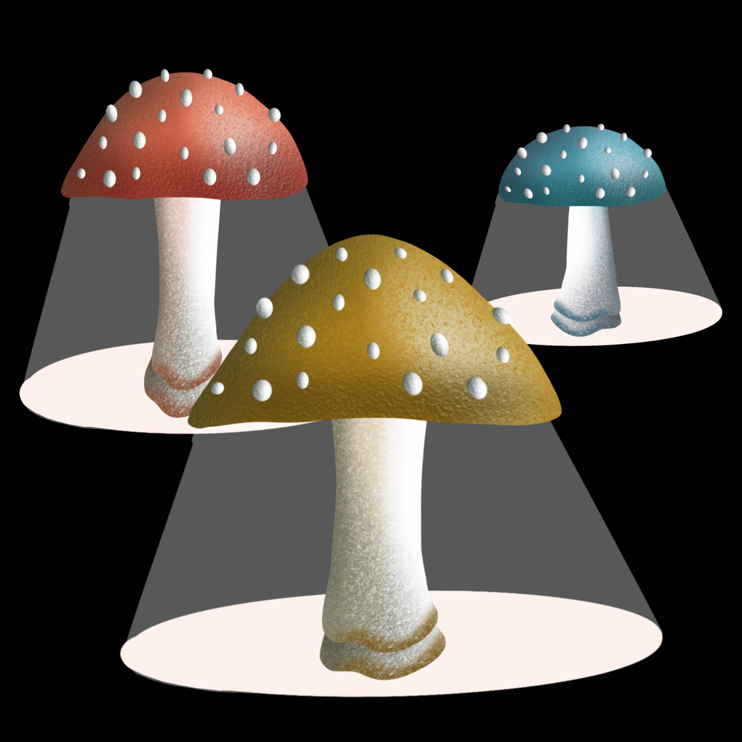 Digital illustration of colorful mushrooms with dotted caps on a black background.