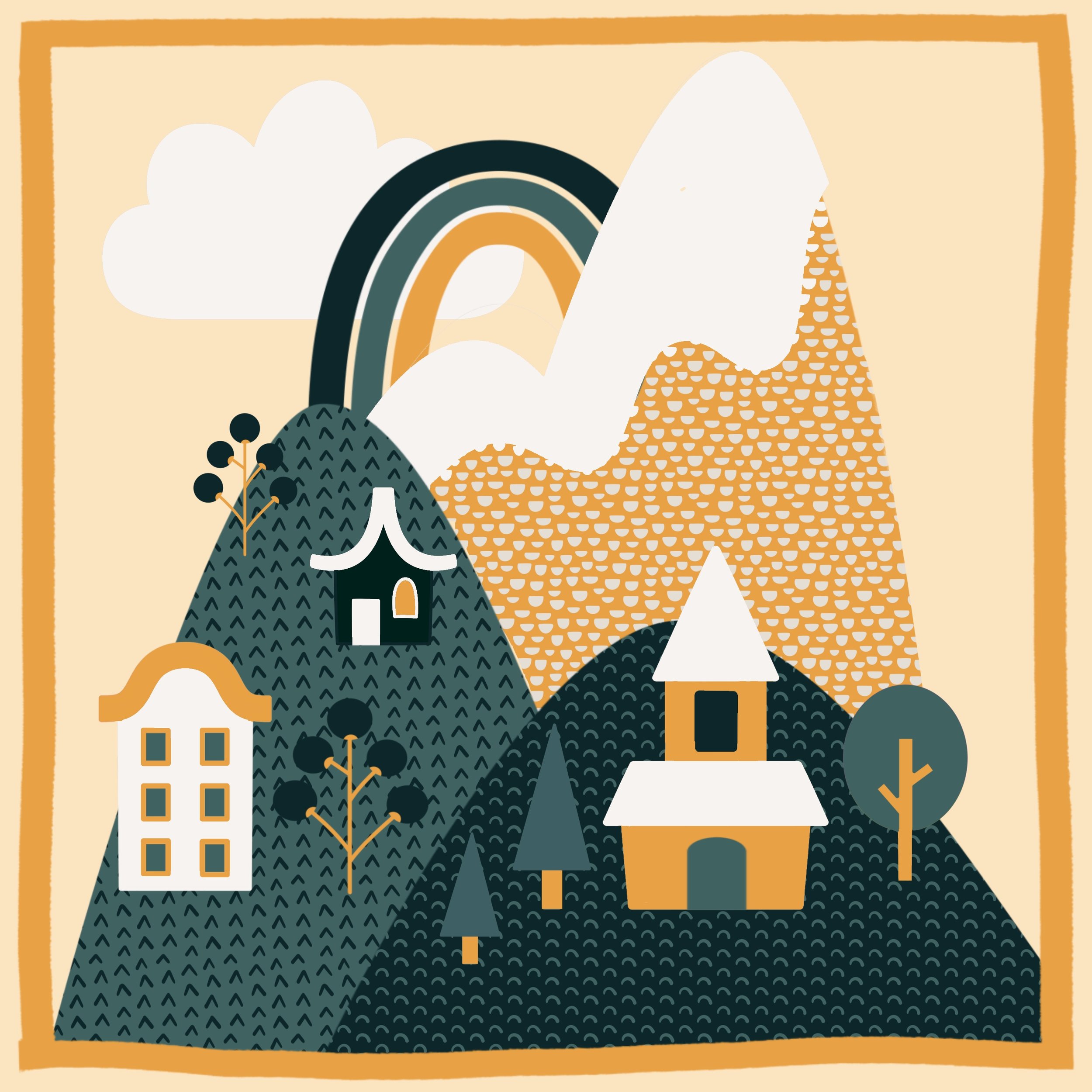 Illustration of mountains, clouds, a rainbow, trees, and buildings in a stylized, abstract style with a mustard yellow background.