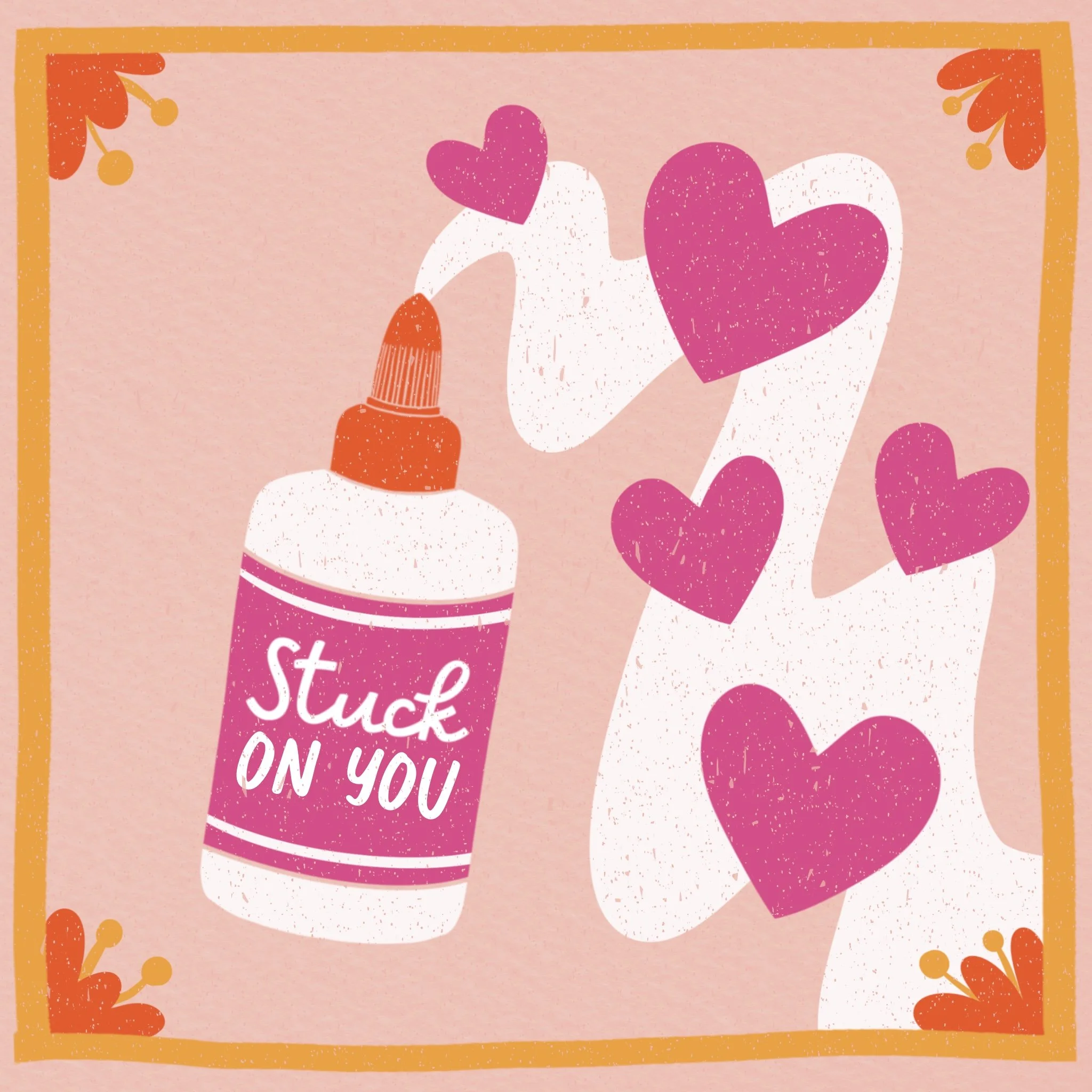 A pink card with a yellow border decorated with small orange dots and orange floral designs in the corners, featuring two white hands holding pink and red heart shapes.