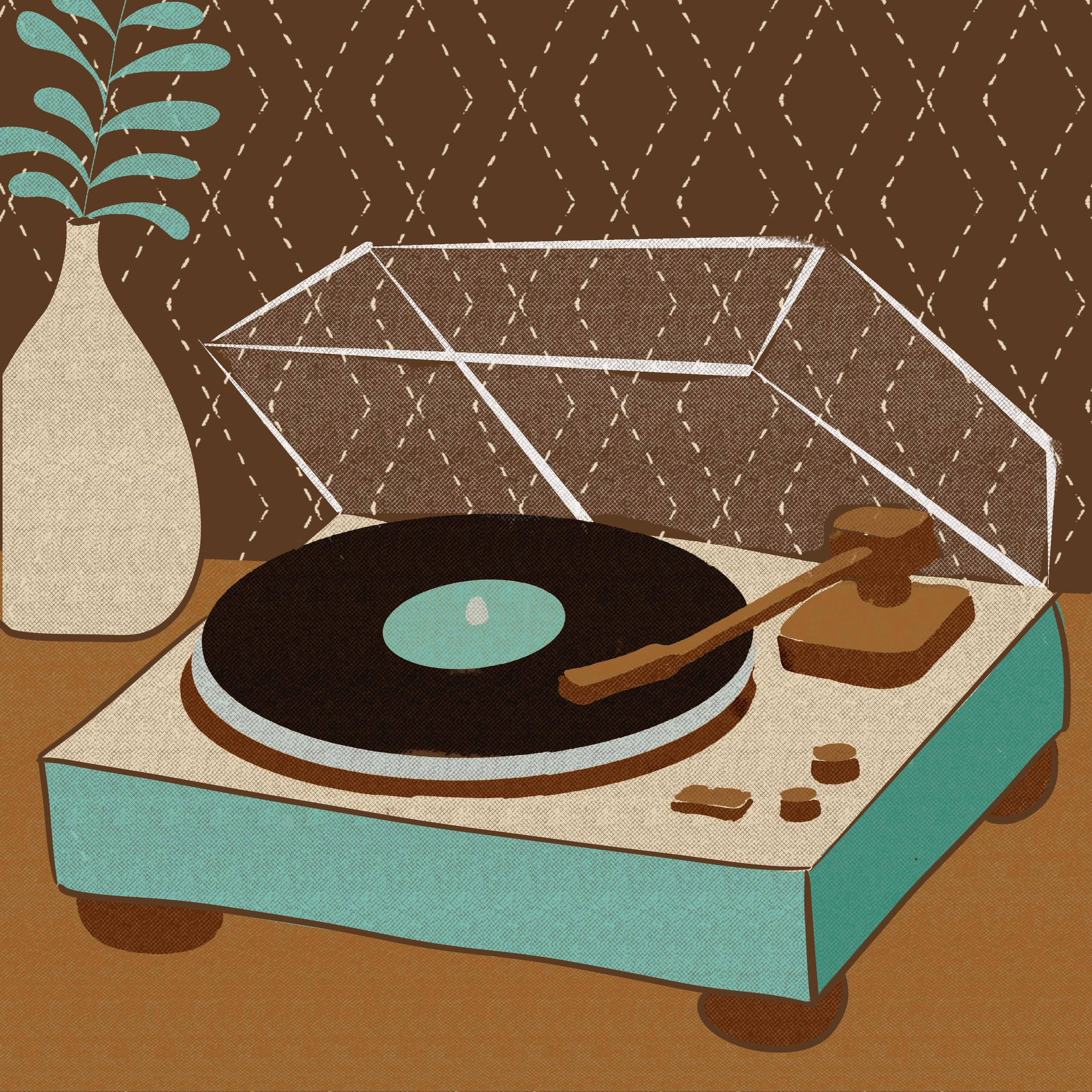 A vintage record player on a wooden table next to a tall beige vase with green leafy plants and a wooden bowl containing a stack of brown circular objects, all set against a brown patterned wallpaper background.