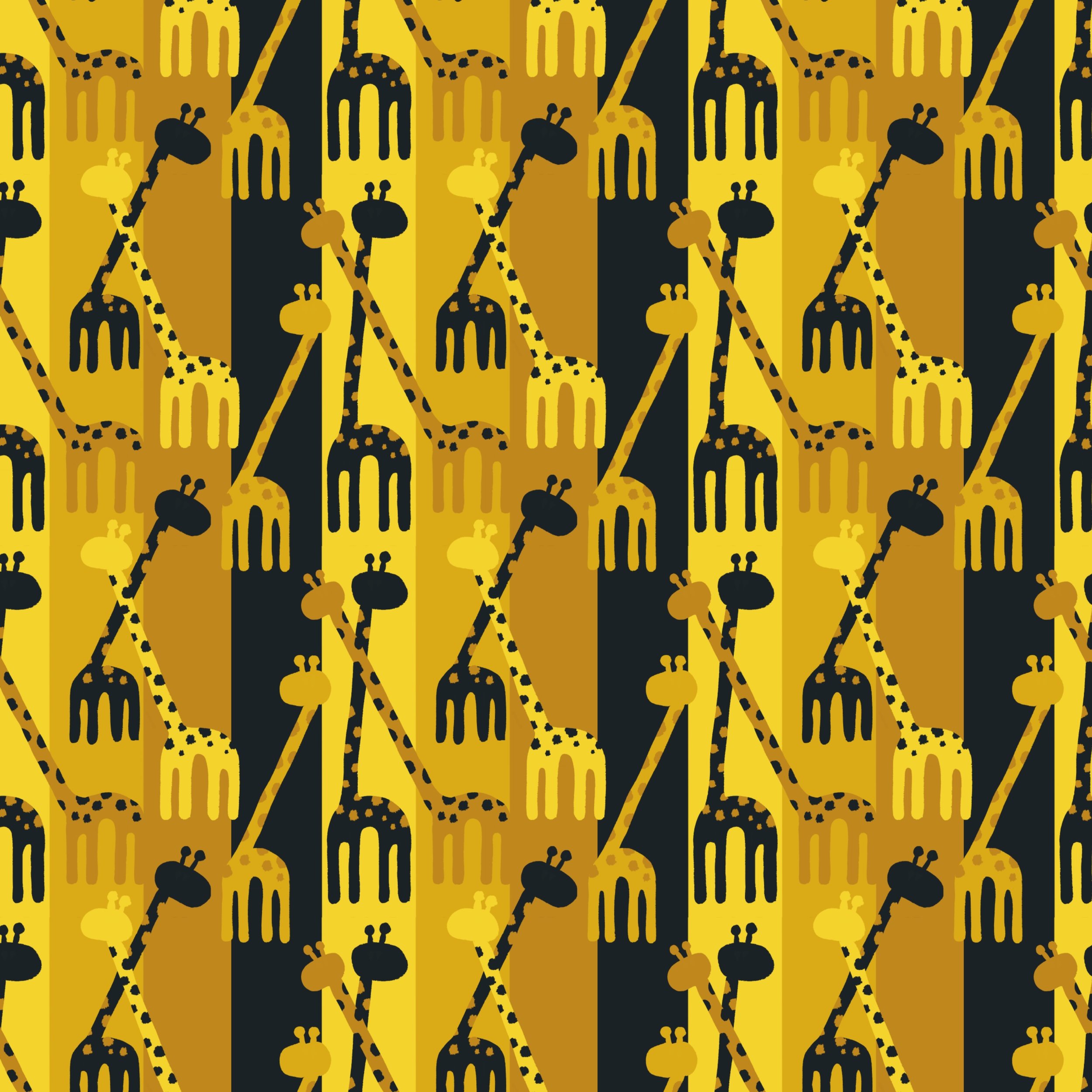 Pattern with yellow and brown giraffes with black spots against black and yellow background.