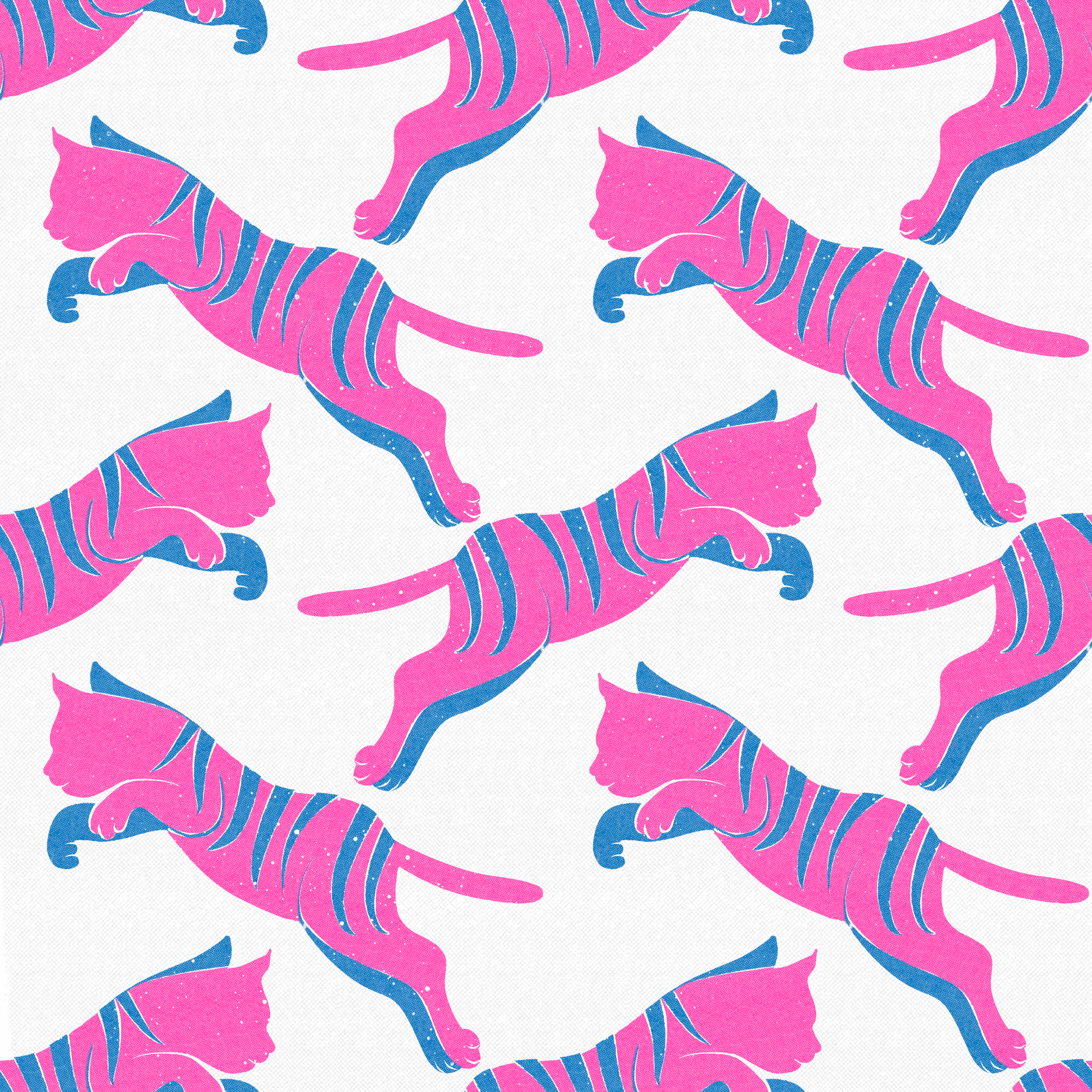 Repeat pattern of pink tigers with blue stripes on a white background.