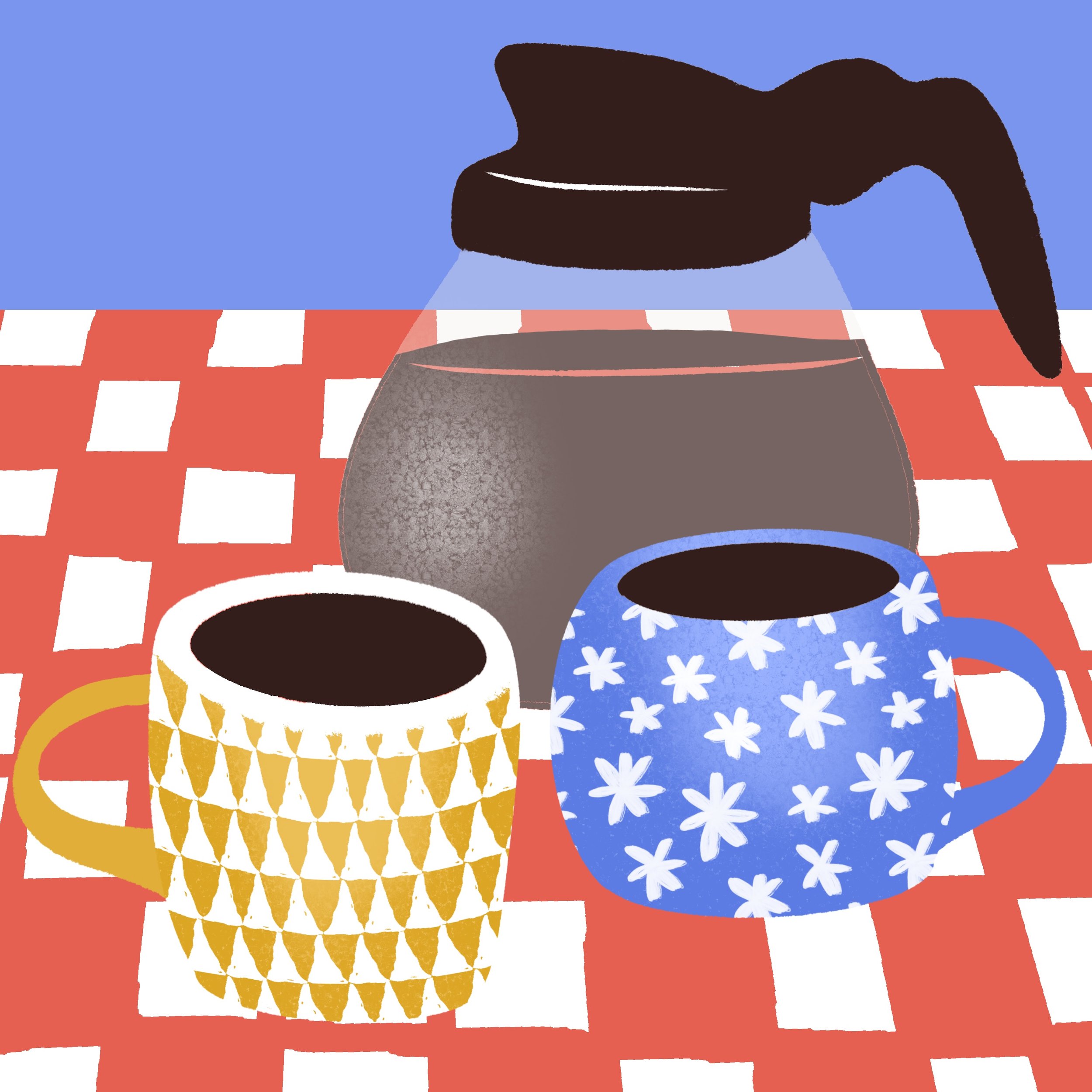 Colorful illustration of three coffee cups with steam on a red and white checkered table.